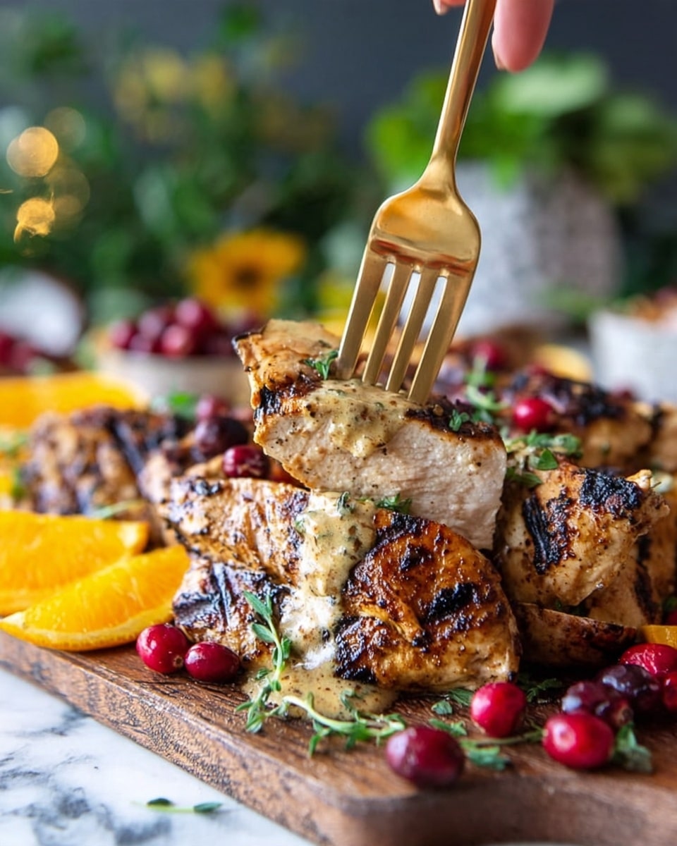 The image shows grilled chicken pieces stacked on a wooden board with a creamy sauce underneath. The chicken has a brown, slightly charred texture with grill marks. Bright red cranberries and small green herb leaves are scattered around the chicken, adding color. Orange slices with a yellow-orange shade are placed on the left and back side of the board. A woman's hand holds a gold-colored fork that lifts a piece of chicken, highlighting the tender, juicy inside. The surface beneath the board is a white marbled texture, and the background is softly blurred with hints of green and yellow from plants and other items. Photo taken with an iphone --ar 4:5 --v 7