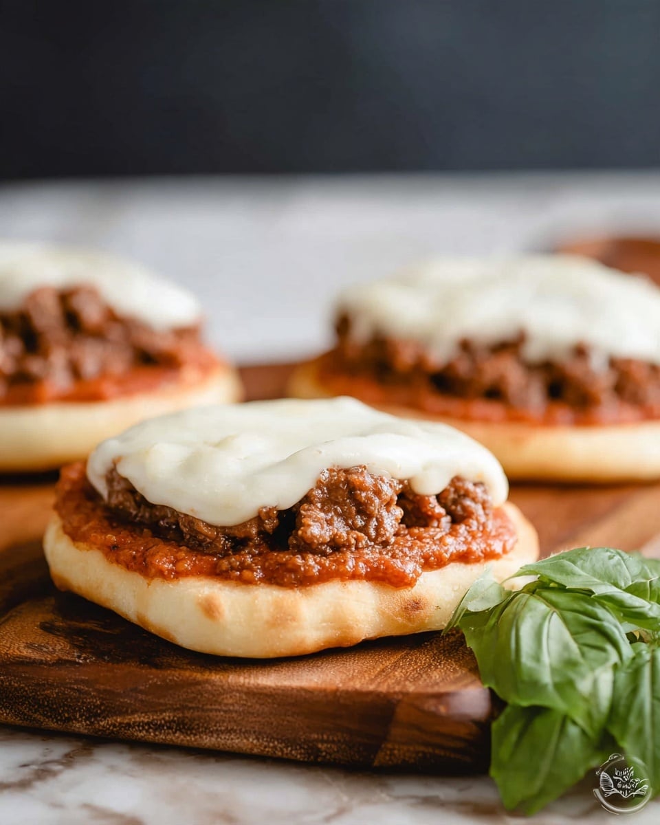 The image shows three mini flatbread pizzas on a wooden surface with a white marbled background. Each pizza has three layers: the flatbread base is golden-brown with a soft texture, topped with a reddish tomato sauce spread evenly, then a thick, crumbled browned beef layer sitting on the sauce, and finally a smooth, white melted cheese layer covering the beef. In the front right corner there is a small bunch of fresh green basil leaves. The photo taken with an iphone --ar 4:5 --v 7