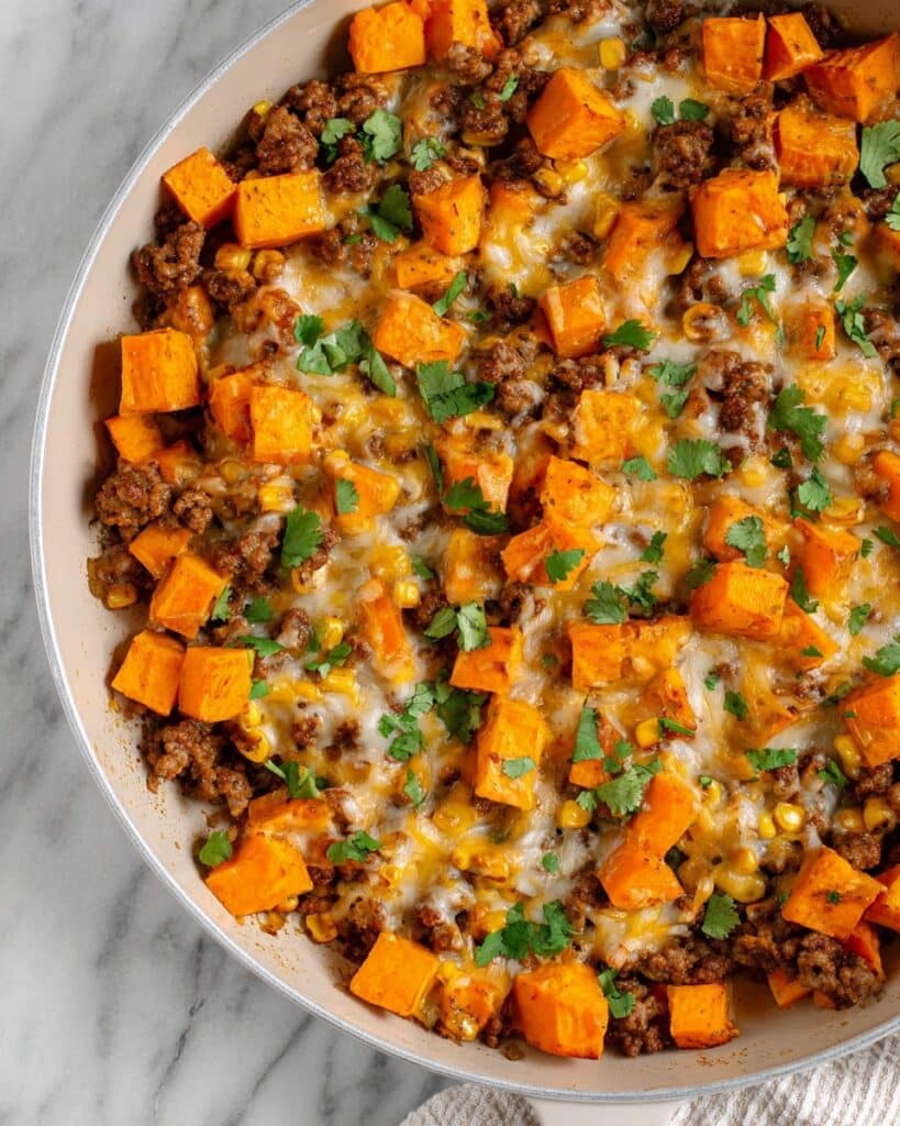 Ground Beef and Sweet Potatoes Skillet Recipe