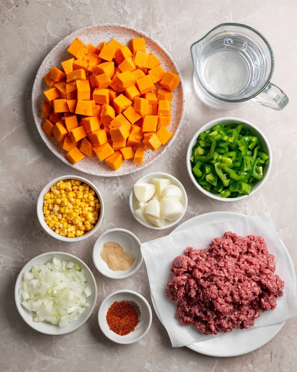 The image shows eight ingredients placed on a white marbled surface. On the bottom left is a white speckled plate filled with bright orange, cubed sweet potatoes in two sizes, larger cubes in the background and smaller cubes closer to the front. To the right, a white plate holds a pile of raw, dark pink ground meat on white parchment paper. Above the meat is a small clear glass pitcher filled with clear water. On the top right section is a small white bowl filled with bright green, chopped bell peppers. To the left of it, center top, is another small white bowl filled with yellow corn kernels. Below the corn is a white bowl with roughly chopped white onions. In the center is a tiny white bowl holding reddish-brown ground spices. Below the spice bowl, in the center bottom, is a smaller white bowl with minced garlic. photo taken with an iphone --ar 4:5 --v 7
