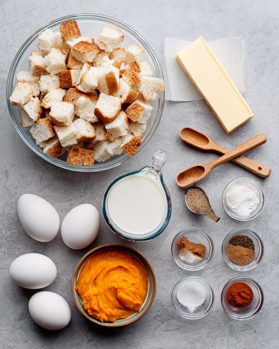 The image shows ingredients for a recipe laid out on a white marbled surface. There is a clear glass bowl on the left filled with many pieces of white bread cut into small chunks with some crust visible, next to it is a clear measuring cup filled with white milk. Below these are six whole white eggs arranged in a row. A round metal bowl filled with bright orange puree is placed between the bread and eggs. There is a stick of pale yellow butter placed above the eggs. On the right side, there are several measuring spoons filled with light brown sugar, various brown spices, and white salt, some in small clear glass bowls and others attached to wooden handles. photo taken with an iphone --ar 4:5 --v 7