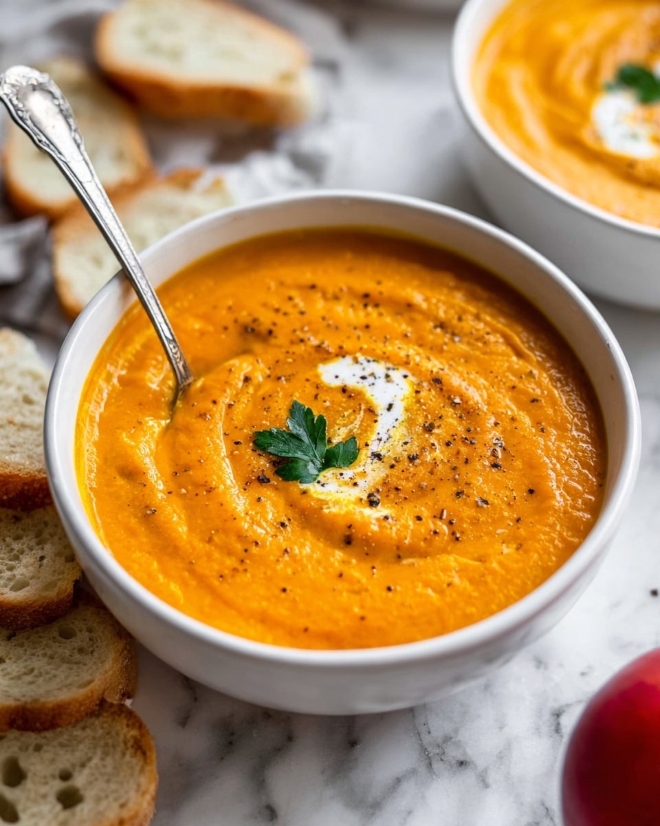 A white bowl filled with thick, bright orange soup topped with a small swirl of white cream and sprinkled with black pepper, garnished with a small green parsley leaf near the center; a silver spoon rests inside the bowl on the left side, surrounded by pieces of light beige sliced bread on a white marbled surface. A blurry second white bowl with the same orange soup is visible in the top right corner while the bottom right shows a red apple slightly out of focus. photo taken with an iphone --ar 4:5 --v 7