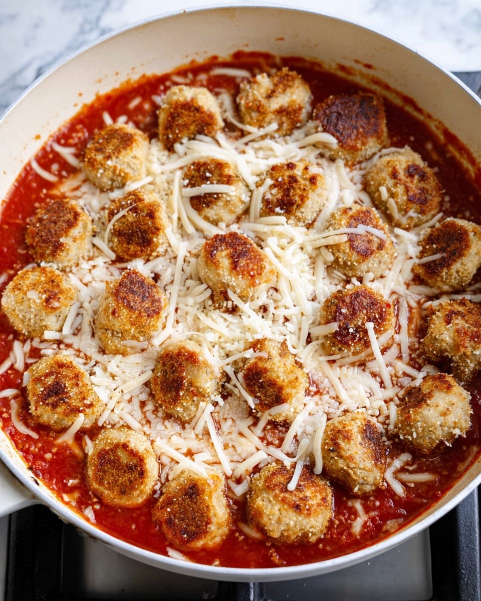The image shows a white pan filled with a layer of bright red tomato sauce. On top, there are about 16 browned, round meatballs covered in a crispy crust, arranged evenly across the sauce. Shredded white cheese is melted over the tomato sauce and meatballs, with some cheese strands loosely spread on the surface. The pan sits on a stovetop with a white marbled surface in the background. The photo taken with an iphone --ar 4:5 --v 7