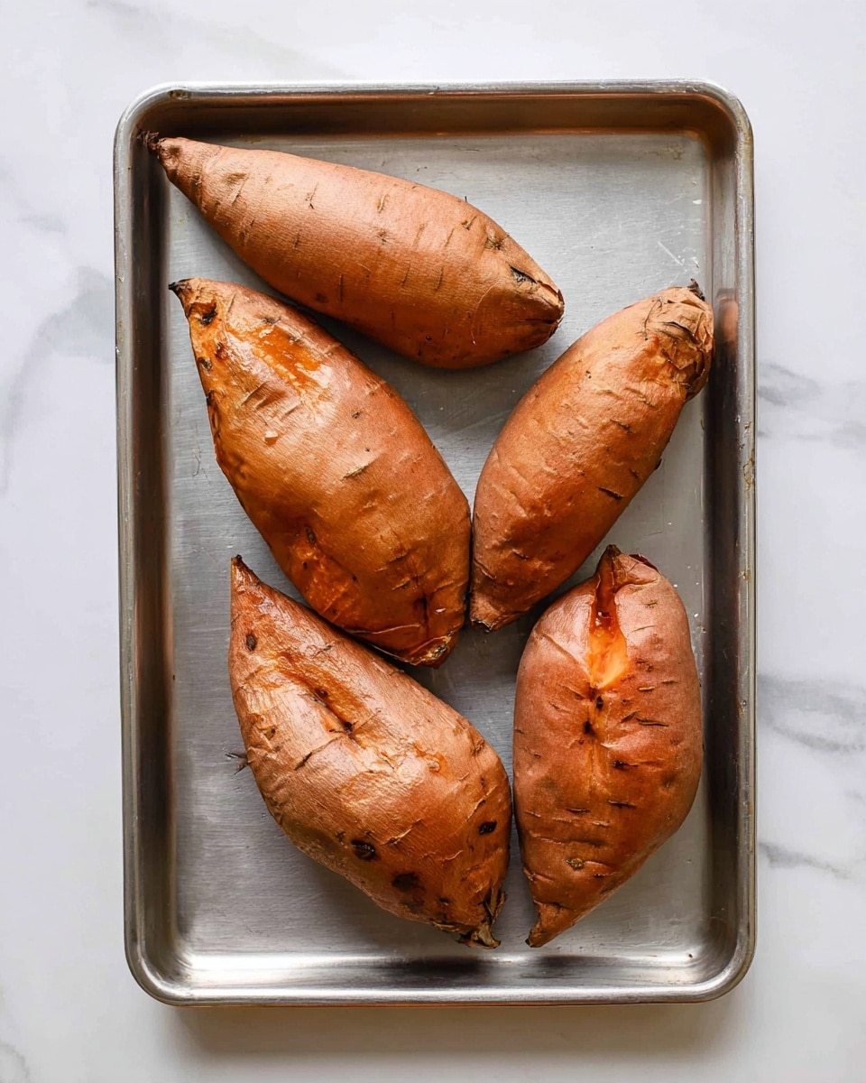 Four baked sweet potatoes lie on a rectangular metal baking tray, arranged in a loose cluster with two in the top row and two in the bottom row. Each sweet potato has a brown, slightly wrinkled skin with a few small cracks and shiny spots from cooking. The tray is on a white marbled surface that adds a clean, bright look. The image is clear and bright with natural lighting, showing the texture of the potatoes and the smooth metal tray. photo taken with an iphone --ar 4:5 --v 7