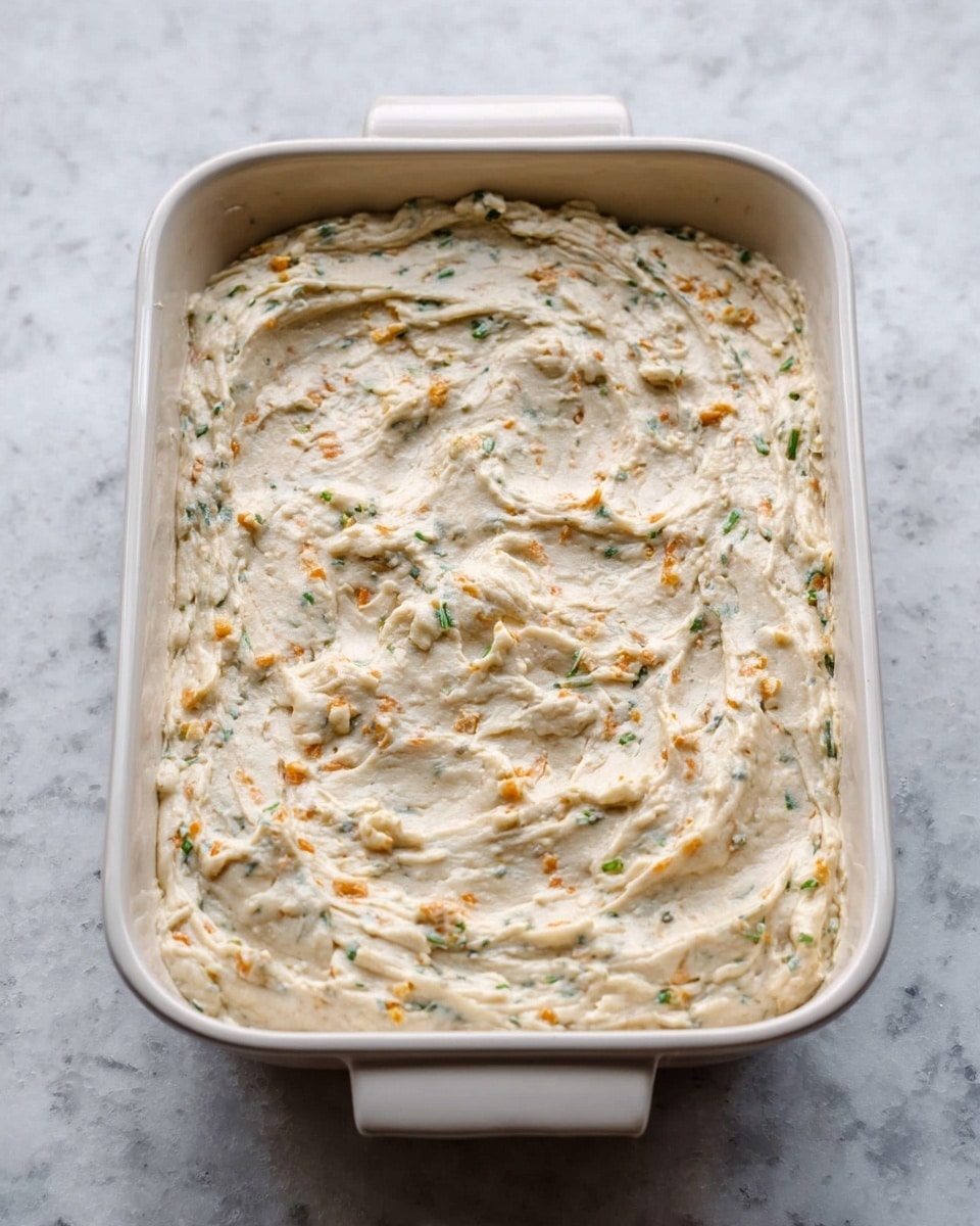 The image shows a white ceramic baking dish filled with a thick, creamy mixture spread evenly inside. The mixture is light beige with small pieces of green herbs and orange bits scattered throughout, giving it a textured, chunky look. The surface is smooth but with some gentle swirls and peaks from being spread out. The dish is placed on a white marbled surface. photo taken with an iphone --ar 4:5 --v 7