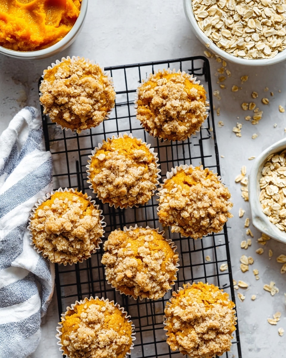 A group of crumb-topped orange muffins arranged on a black wire cooling rack over a white marbled textured surface; each muffin has one main layer of soft, moist orange cake topped with a thick, uneven crumble layer of golden brown oat and sugar clusters; scattered oat flakes are visible on the muffins and the surface; part of a white bowl filled with dry oats appears on the right, and a white bowl of bright orange pumpkin puree sits in the top left corner; a white towel with blue stripes is partially visible at the bottom left corner; photo taken with an iphone --ar 4:5 --v 7