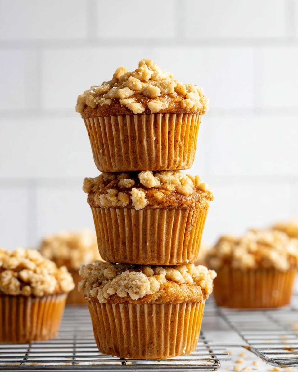 The image shows a stack of three muffins with crumbly oat topping, each muffin having a golden brown color with slightly ridged paper liners. The muffins are stacked vertically on a cooling rack, placed on a white marbled surface, with more muffins blurred in the background. The crumb topping is chunky and textured with light beige and golden oat pieces scattered unevenly over each muffin top. The background is a clean white tiled wall that adds a bright and simple look to the scene. Photo taken with an iphone --ar 4:5 --v 7