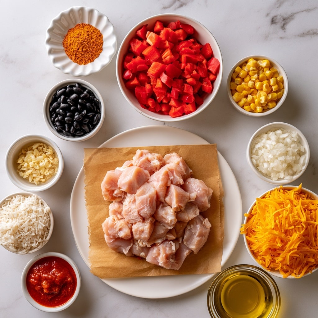 The image shows several small white bowls and one white plate arranged on a white marbled surface. In the center, the white plate holds light pink raw chicken pieces on brown parchment paper. Above the plate to the right, a large white bowl is filled with bright red diced red bell peppers. To its right, a small white bowl contains yellow corn kernels. Above the plate to the left, a small white bowl has black beans. Above the beans, a white scalloped bowl holds taco seasoning in a fine orange powder. To the left of the plate, there is a small white bowl with minced garlic, below that a white bowl with white rice, and below that a white bowl with red tomato sauce. To the right of the plate, a small white bowl holds finely chopped white onions, below that a white bowl filled with shredded bright orange cheddar cheese. At the bottom right, a small white bowl holds golden olive oil. The layout is clear and neatly spaced, all items are visible with no overlap. Photo taken with an iphone --ar 4:5 --v 7