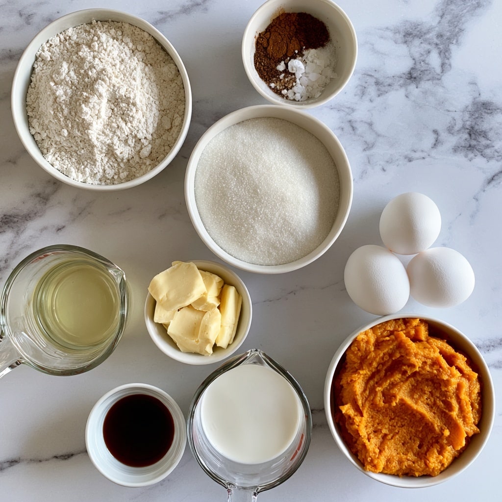 The image shows nine containers with baking ingredients arranged neatly on a white marbled surface. At the top left, there is a white bowl filled with white gluten-free flour, and to its right, a smaller white bowl holds a mix of brown spices, white baking powder, and salt. Below the spice bowl, a large white bowl contains fine white sugar. To the left near the bottom, a clear glass measuring cup has a pale yellow oil, and above it, a small white bowl holds several pieces of pale yellow vegan butter. Three white eggs are clustered together to the right of the butter, and at the bottom right, a white bowl contains bright orange pumpkin puree with a rough texture. Near the bottom center, a clear glass measuring cup shows white non-dairy milk, and to its left, a small white bowl holds dark brown vanilla extract. Each ingredient stands out with different colors and textures against the white marbled background photo taken with an iphone --ar 4:5 --v 7