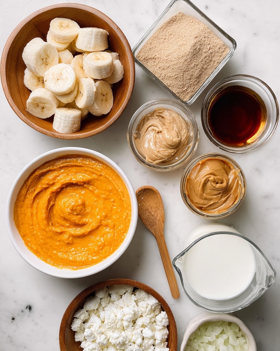 The image shows several small white bowls and a glass measuring cup with different ingredients, all placed on a white marbled surface. In the center, there is a white bowl filled with a bright orange, smooth puree that has a swirled texture on top. To the left, a wooden bowl holds frozen banana slices, which are pale yellow and slightly frosty. Nearby, a small clear glass bowl contains a dark brown liquid. Above the orange puree, a square glass jar filled halfway with a light brown powder sits next to a wooden spoon holding some of the same powder. On the right, a white bowl contains a creamy nut butter with a shiny, smooth surface and a few swirls. To the right bottom, a wooden bowl is filled with a crumbly white substance. At the bottom left, a clear glass bowl holds finely chopped white onions. Finally, a glass measuring cup filled with white milk is partially visible at the bottom right corner. Photo taken with an iphone --ar 4:5 --v 7