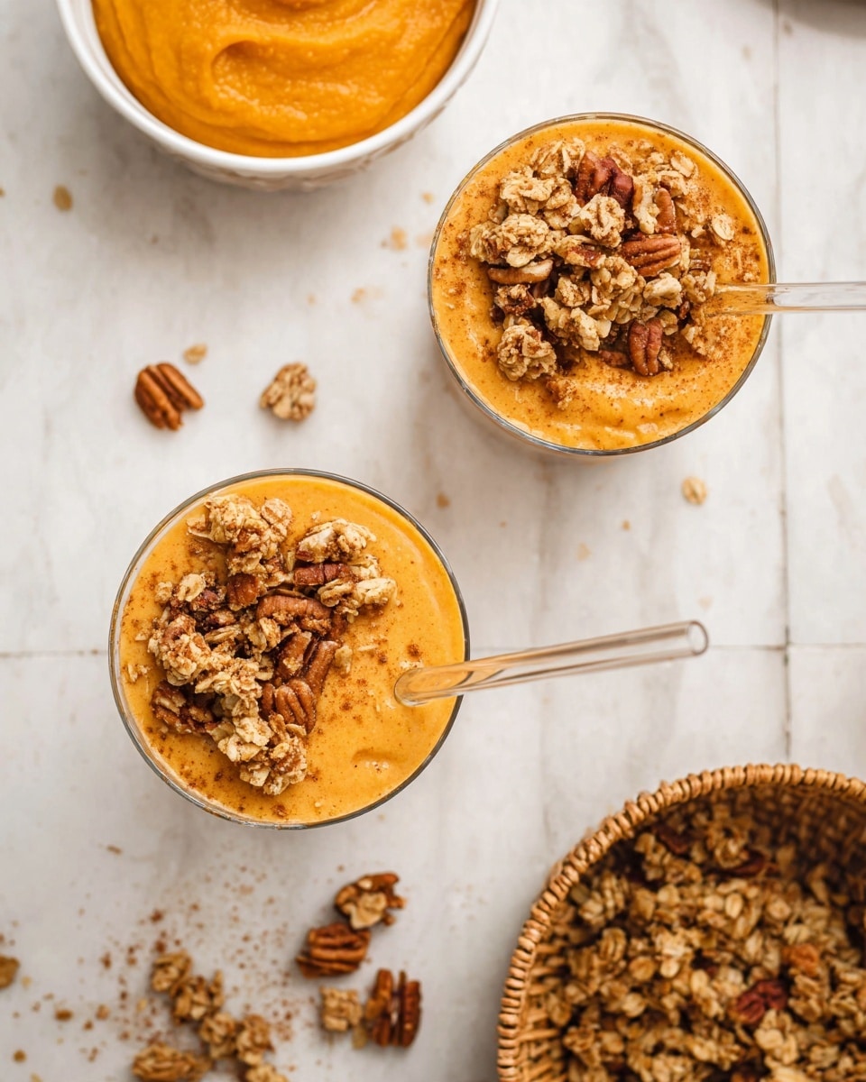 The image shows two clear glass cups filled with a thick orange smoothie, each topped with a layer of chunky granola and pecan pieces sprinkled with cinnamon powder. Each cup has a clear glass straw placed inside them on the right side. To the top left, there is a white bowl filled with smooth orange puree. At the bottom right, there is a woven basket filled with loose granola, and scattered granola pieces lie on the white marbled surface around the cups, bowls, and basket. The photo taken with an iphone --ar 4:5 --v 7