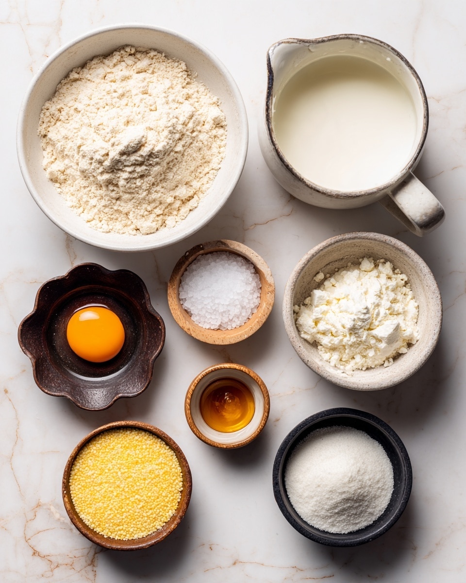 The image shows eight bowls and small dishes arranged on a white marbled surface, each filled with different baking ingredients. Starting from the top left, a large white bowl holds light beige blanched superfine almond flour with a powdery texture. Next to it, a small silver bowl contains one cracked egg with a bright orange yolk surrounded by clear egg white. To the right, a white cup with a handle is filled with smooth, white buttermilk. Above that cup, a tiny wooden bowl holds white baking soda crystals. Below, a dark brown scalloped dish holds fine white salt grains. In the bottom middle, a white bowl contains bright yellow gluten-free cornmeal with a coarse texture. Left of that, a small black bowl is filled with fine white baking powder. On the bottom right, a small silver bowl shows melted butter with a glossy golden color, and next to it, a tiny container holds amber-colored honey. All ingredients are neatly arranged, clean, and clearly labeled, placed on the white marbled surface. photo taken with an iphone --ar 4:5 --v 7