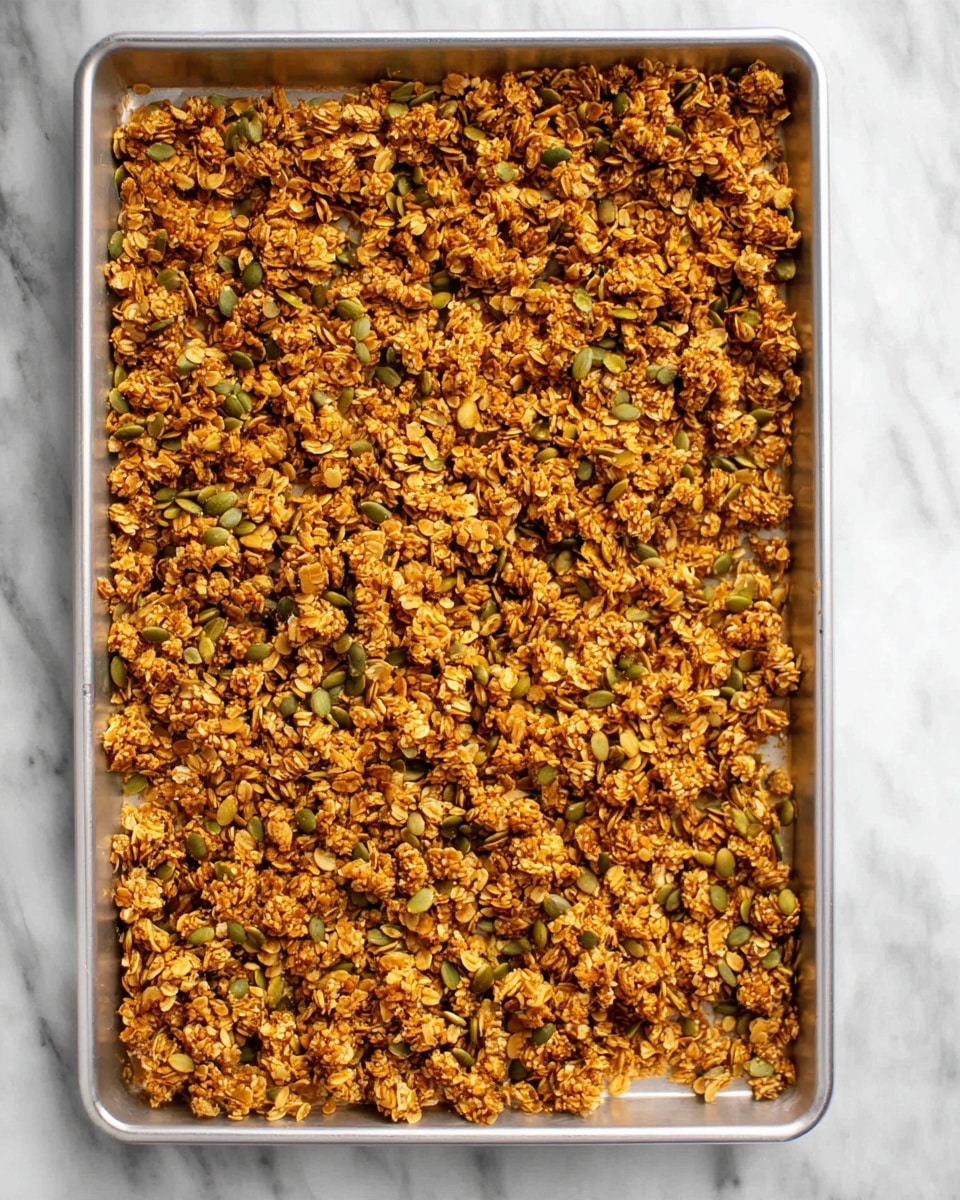 A large silver metal tray filled with a single layer of golden brown granola spread evenly across its surface, showing a rough, crunchy texture made up of oats and scattered green pumpkin seeds. The tray is set on a white marbled surface, and the granola pieces vary slightly in size with some small clumps and loose oats. photo taken with an iphone --ar 4:5 --v 7