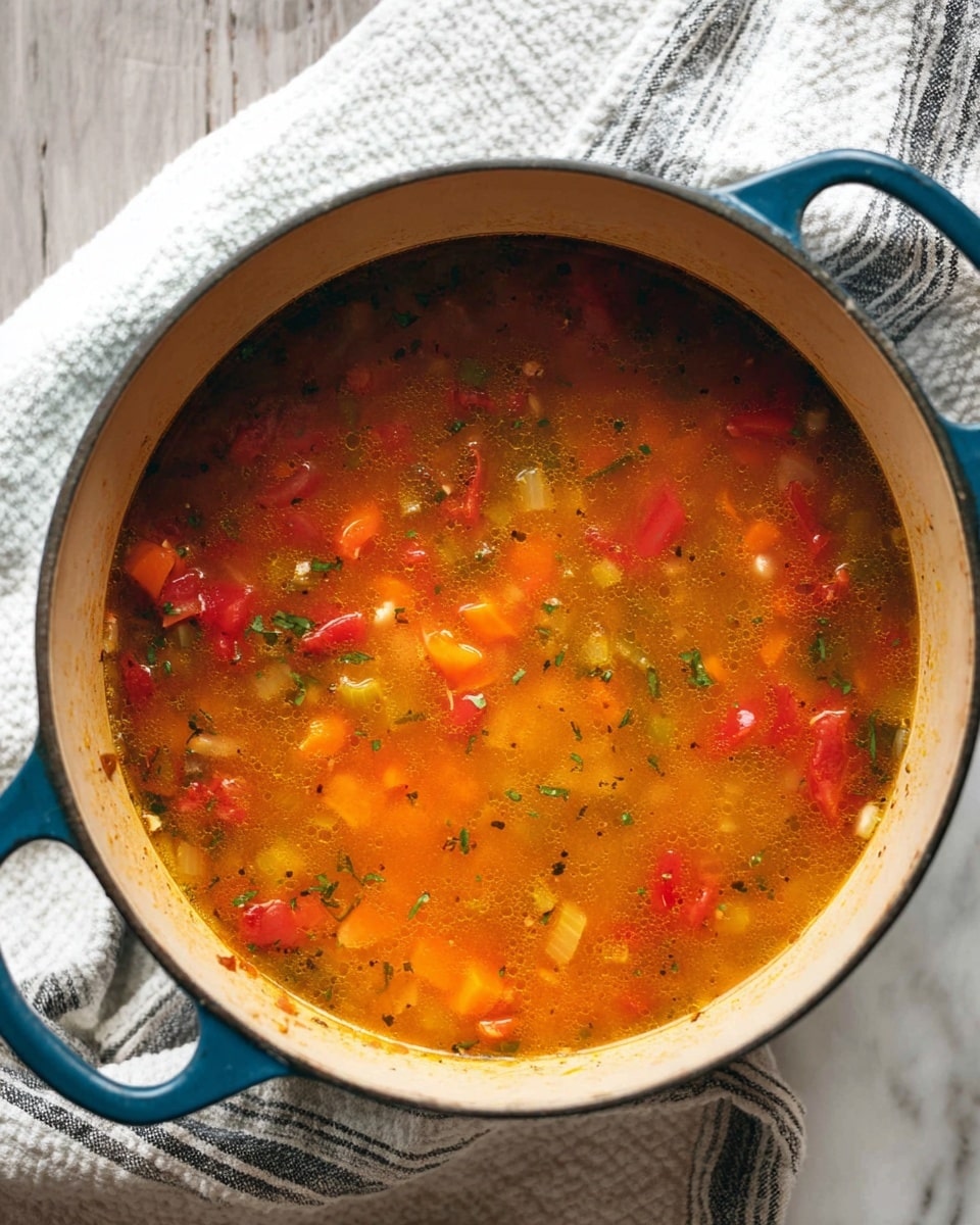 A blue pot filled with a chunky vegetable soup sits on a white cloth with gray stripes over a white marbled surface. The soup has a light orange broth base with visible pieces of red tomatoes, orange carrots, green celery, and herbs scattered throughout. The soup looks warm and steamy, with the pot's cream-colored inside rim showing slight stains and use. Photo taken with an iphone --ar 4:5 --v 7