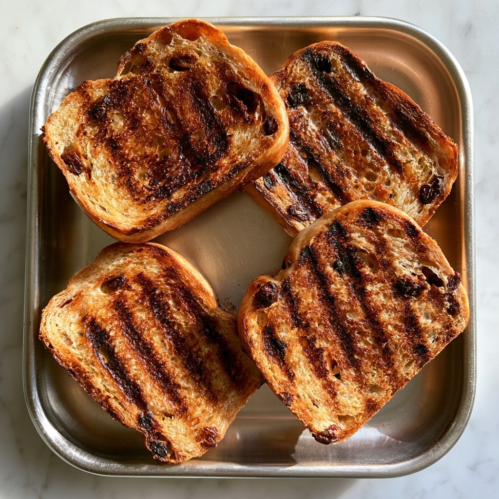 Four grilled raisin bread sandwiches with dark brown grill marks are placed on a silver metal tray. The sandwiches have a golden brown color with raisins visible through the toasted bread, showing a mix of light and dark brown tones. The tray sits on a white marbled surface. photo taken with an iphone --ar 4:5 --v 7