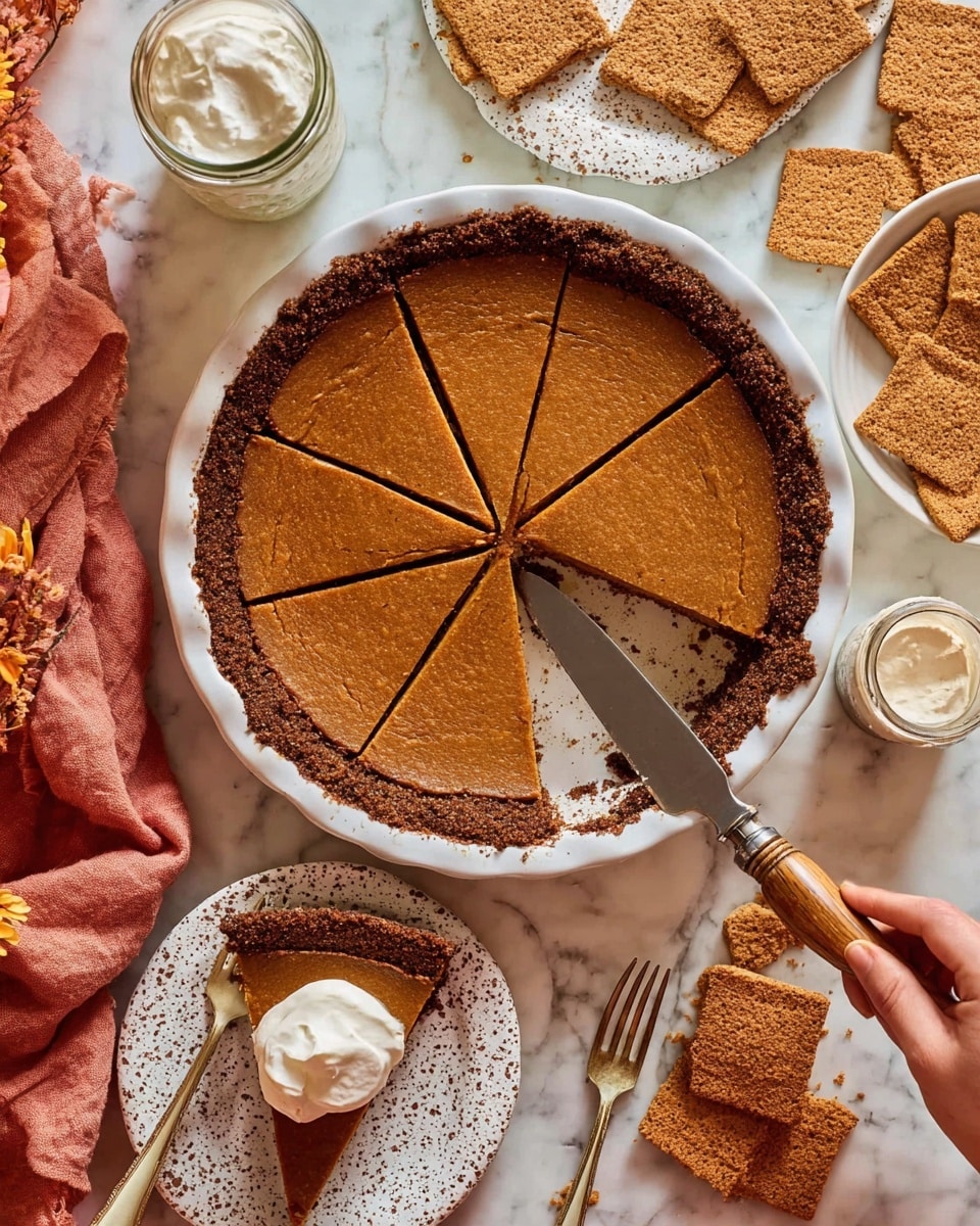 A pumpkin pie with a dark brown crumb crust is cut into six slices and sits in a white pie dish on a white marbled surface. One slice is being served on a white speckled plate with brown spots by a woman's hand holding a pie server with a wooden handle. Around the pie are two forks with cream color handles, a bowl of white whipped cream, a small glass jar of cinnamon with a wooden scoop resting inside, and some broken pieces of golden brown graham crackers on a white plate. A rust-colored cloth is placed to one side. The scene is warm and inviting with autumn tones. photo taken with an iphone --ar 4:5 --v 7