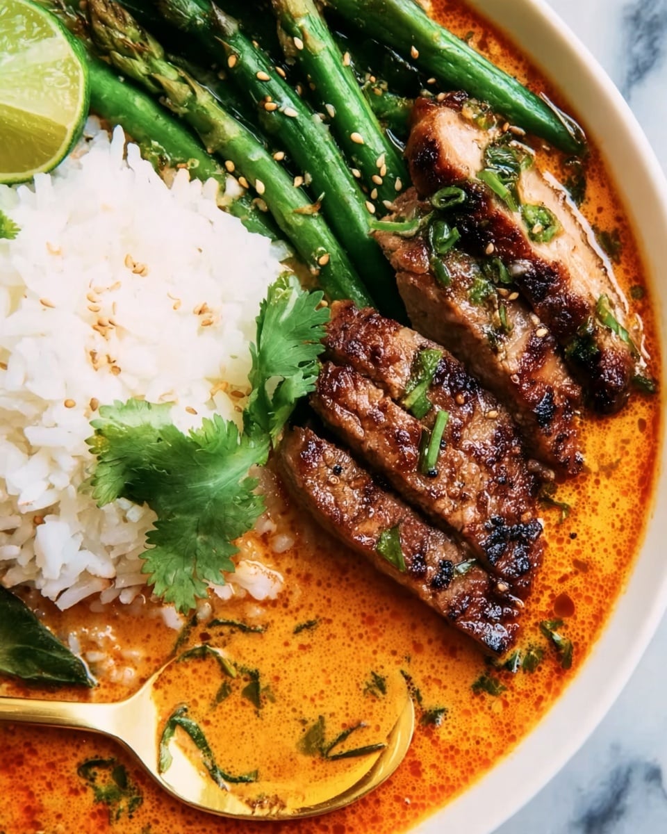 The image shows a close-up of a white shallow bowl with three main layers: a base of white rice on the right side with individual grains visible, a pool of orange-red curry sauce covering the center and lower part with a slightly oily texture and small green herbs scattered on top, and slices of grilled meat with a charred, dark brown exterior and some sesame seeds sprinkled on the left side. Above the meat are bright green vegetables with a smooth, glossy texture, looking fresh and steamed. A lime wedge and a sprig of fresh green cilantro are placed near the bottom edge. A golden spoon is partially submerged in the sauce, resting next to the rice on a white marbled surface. photo taken with an iphone --ar 4:5 --v 7