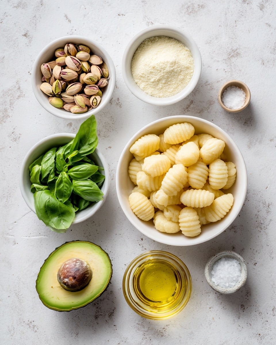 The image shows seven ingredients arranged on a white marbled surface. At the top right, there is a white bowl filled with pale yellow gnocchi-style pasta pieces that have a ridged texture. Above it, another smaller white bowl holds a fine, light cream-colored powder of parmesan cheese. To the top left, a small white bowl contains unsalted pistachios, which are brownish-green with a rough texture. Below the pistachios, a white bowl is filled with fresh basil leaves that are bright green and smooth. On the right side, a small clear glass bowl holds golden olive oil with a shiny surface. At the bottom center, there is half of an avocado with dark green skin, smooth light green flesh, and a large brown seed. Next to the avocado is a small round container holding white salt with a grainy texture. The whole arrangement is neat and spaced evenly. Photo taken with an iphone --ar 4:5 --v 7