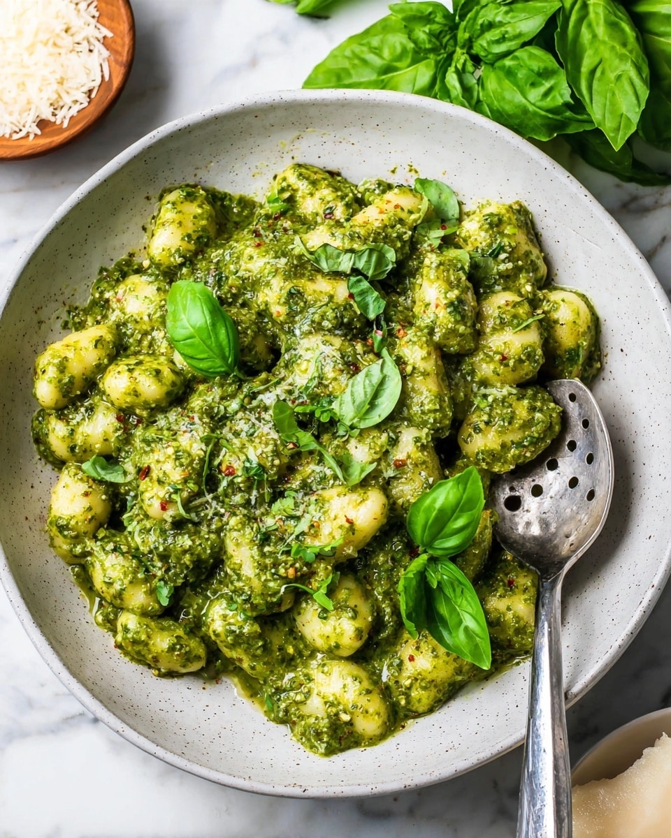 A bowl of white gnocchi covered in thick green pesto sauce with visible bits of nuts and herbs, garnished with fresh bright green basil leaves scattered on top; a silver spoon with holes rests on the right side inside the bowl, which sits on a white marbled surface with a basil leaf bunch and a bowl of grated cheese partially visible in the background. photo taken with an iphone --ar 4:5 --v 7