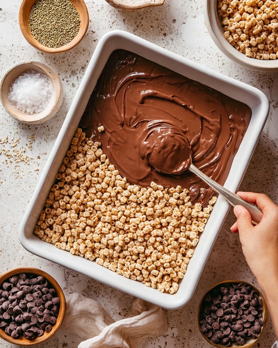 A white rectangular baking pan with two visible layers: the bottom layer is made of light brown puffed cereal, densely packed, and the top layer is a smooth, shiny melted chocolate spread unevenly over the cereal. A silver spoon is spreading the chocolate from the bottom left side, held by a woman's hand at the edge of the pan. Around the pan are small white bowls with coarse salt and hemp seeds, a large white bowl filled with more puffed cereal, a small bowl with chocolate chips, and a white marbled textured surface underneath. Photo taken with an iphone --ar 4:5 --v 7