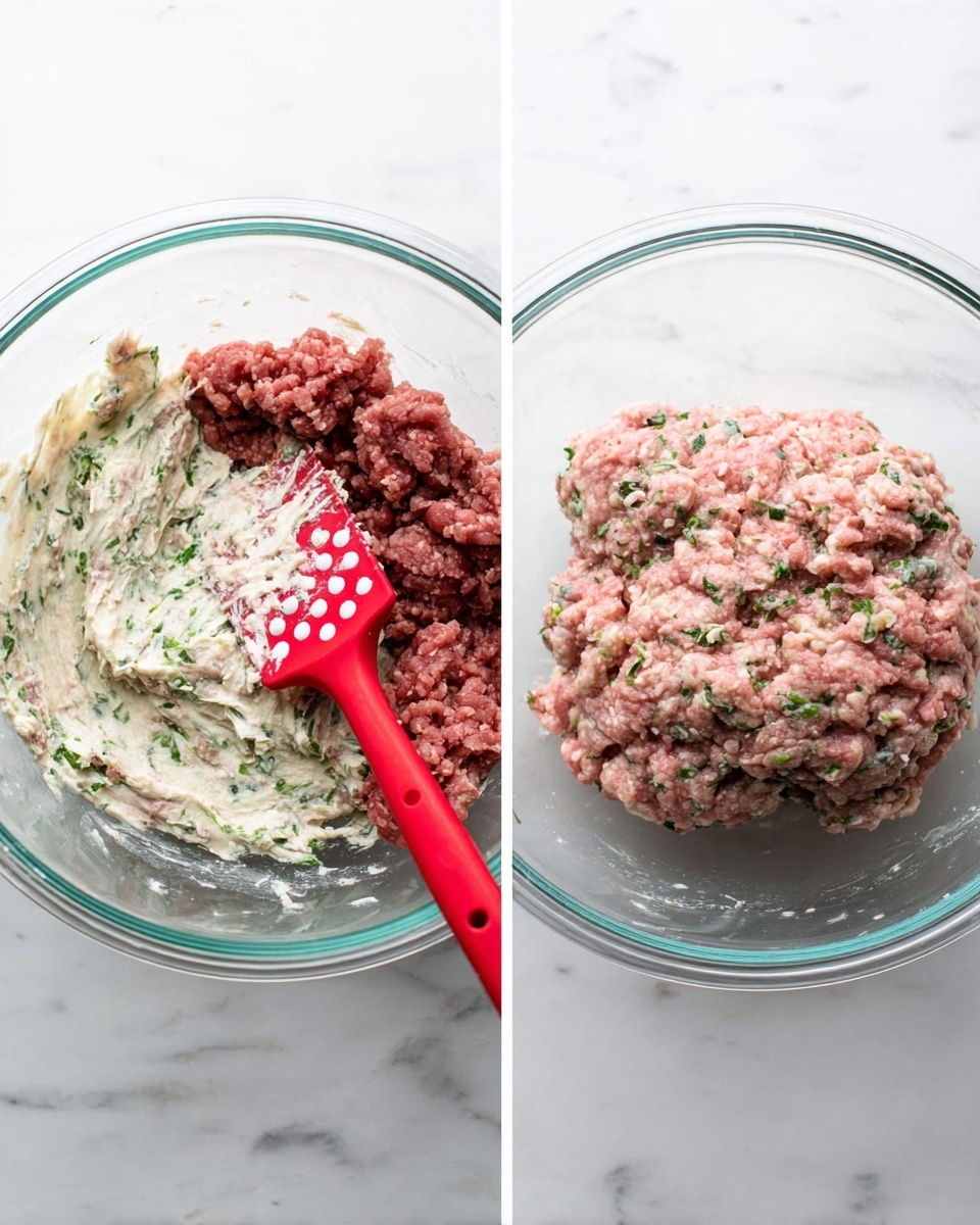 Two side-by-side images of a clear glass bowl on a white marbled surface showing mixing stages of a meat mixture. On the left, the bowl is half filled with raw ground meat, which is dark pink and coarse in texture, while the other half contains a light, creamy mixture with green herbs and small chunks mixed throughout. A red spatula with white dots is placed partially submerged in the creamy mix. On the right, the two ingredients have been combined into a uniform, moist meat mixture colored light pink with visible green herb specks, shaped into a rough ball with the same red spatula resting inside the bowl. Photo taken with an iphone --ar 4:5 --v 7