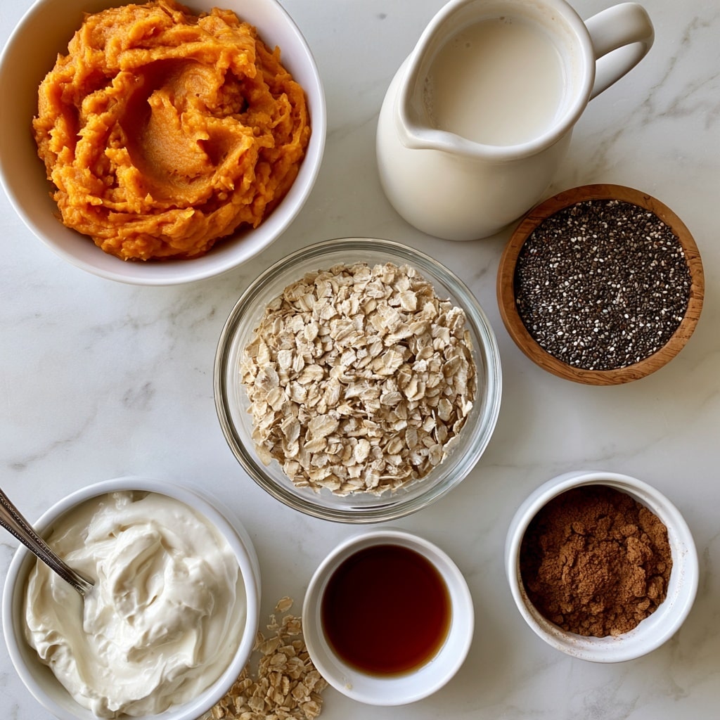 The image shows ingredient bowls arranged on a white marbled surface. There is a white bowl of orange pumpkin puree with a soft, mashed texture on the top left, a white jug of smooth and creamy almond milk to its right, and a small wooden bowl filled with black and white chia seeds next to that. Below these is a clear glass bowl full of beige rolled oats with a flat, flaky texture. To the bottom left, there is a small white bowl with thick, creamy Greek yogurt and a silver spoon resting inside. To its right, a small white bowl holds dark amber maple syrup, and next to it, a small white bowl contains a dark brown powder of pumpkin spice. The ingredients are neatly spaced with some rolled oats scattered around. photo taken with an iphone --ar 4:5 --v 7