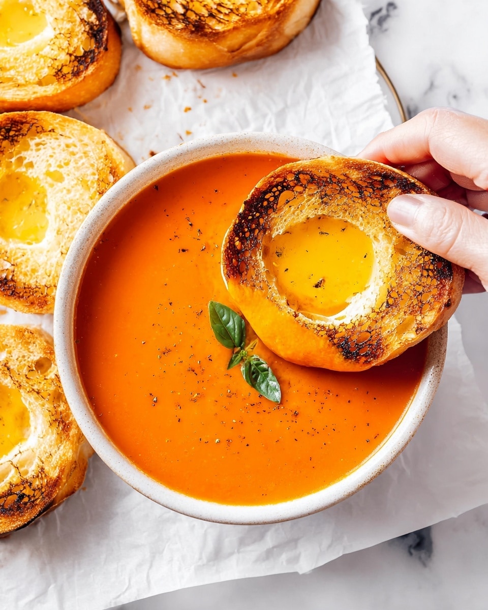 A white bowl filled with smooth orange tomato soup with a small fresh green basil leaf floating on the side near the edge. A toasted round bread with a large circular hole in the middle is being held by a woman's hand and dipped halfway into the soup. The toast has a golden brown surface with some darker charred spots and a fluffy white inside visible around the edges of the hole. More similar toasts are placed on white parchment on a white marbled surface around the bowl. photo taken with an iphone --ar 4:5 --v 7