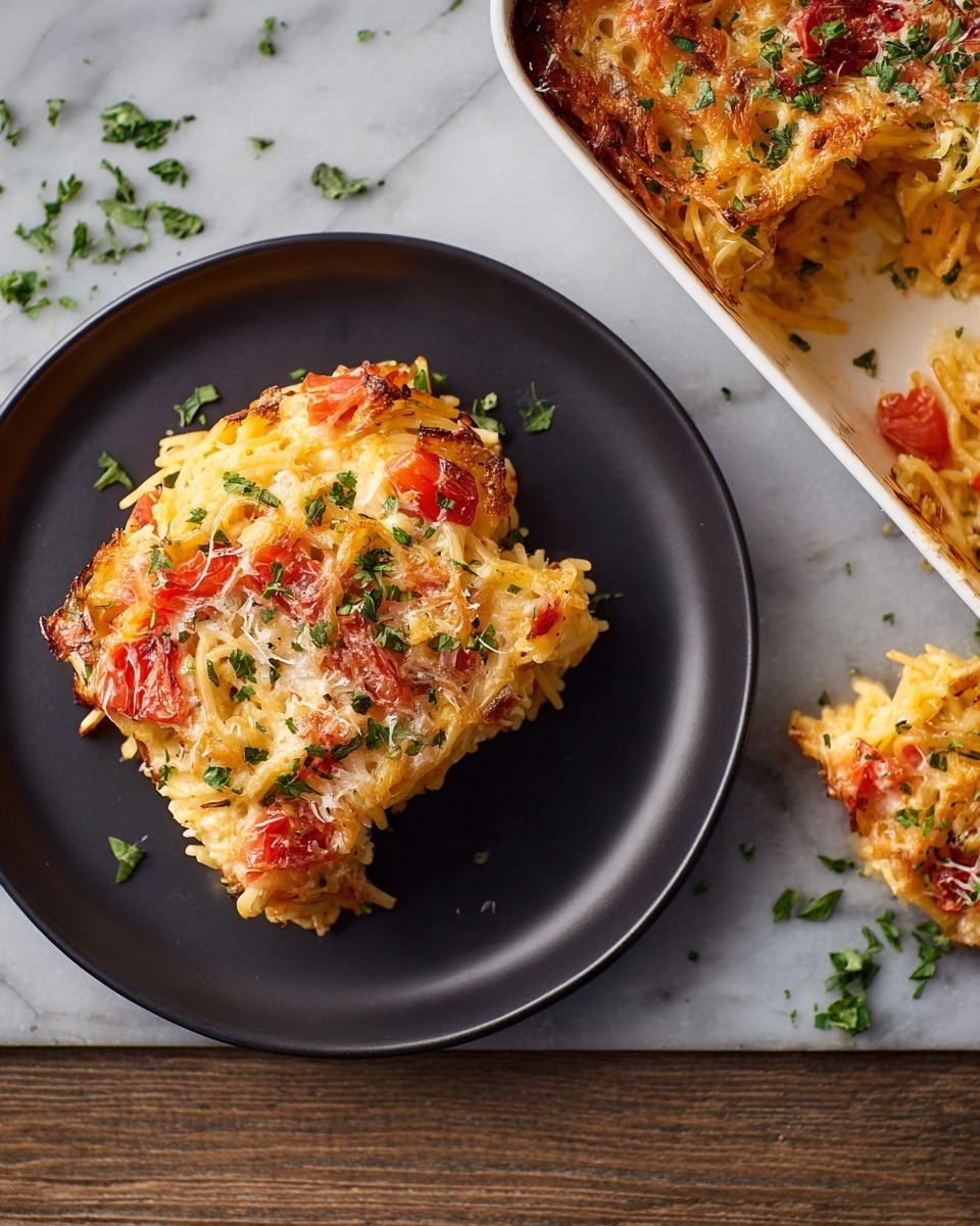 A rectangular black baking dish filled with a baked spaghetti squash casserole composed of two main layers: the bottom layer is pale yellow shredded spaghetti squash mixed with small pieces of cooked red tomatoes, and the top layer is a golden-brown layer of melted cheese mixed with herbs and some small fresh green herb leaves scattered across the surface. The casserole sits on a rustic wooden table with fresh basil leaves in the corners. The overall texture looks slightly crispy on top with melted cheese and herbs. photo taken with an iphone --ar 4:5 --v 7