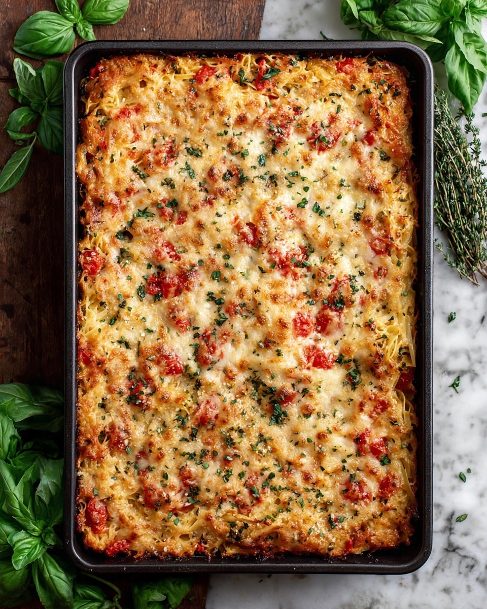 The image shows a slice of baked pasta on a black plate placed on a white marbled surface. The pasta dish has a golden brown top layer with melted cheese and pieces of red tomatoes, sprinkled with green herbs. The pasta strands underneath are slightly crispy and mixed with cheese, tomato, and herbs. To the side is a white baking dish with more of the same baked pasta, with one portion missing, revealing the soft, cheesy pasta inside. Some green herbs are scattered around both the plate and baking dish. photo taken with an iphone --ar 4:5 --v 7