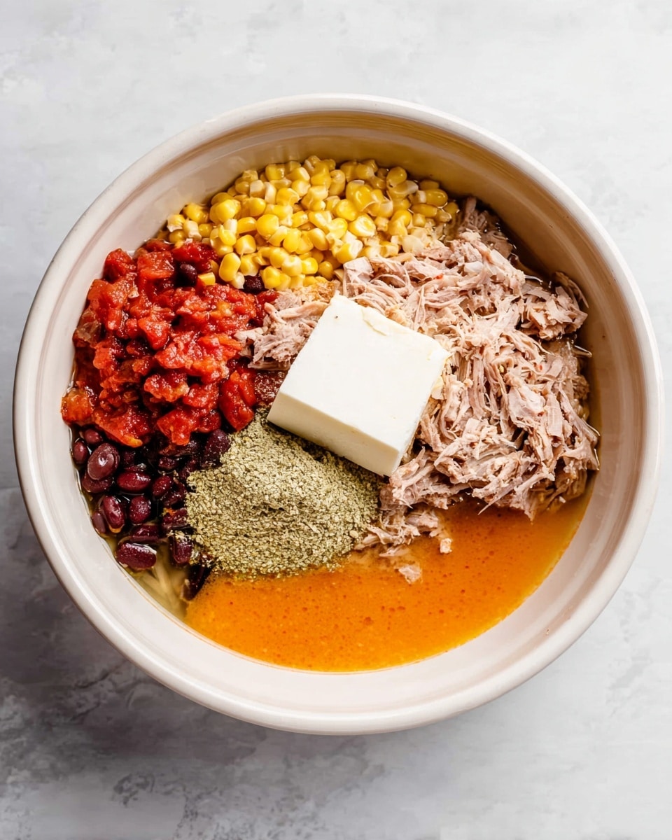 In a white bowl on a white marbled surface, there are five main layers of ingredients. On the right side, there is a large pile of light pink shredded cooked meat. Next to it, placed on top of the meat, is a solid white block of soft cheese. Below the cheese and meat, there is a smooth bright orange sauce filling the bottom right part of the bowl. To the left of the sauce, there is a mound of finely ground pale green powder. Above this powder, toward the top of the bowl, there is a small cluster of yellow corn kernels in a light yellow liquid. On the far left, there is a pile of red diced tomatoes mixed with small black beans sitting partly in liquid. The bowl is centered and the photo is taken with an iphone --ar 4:5 --v 7