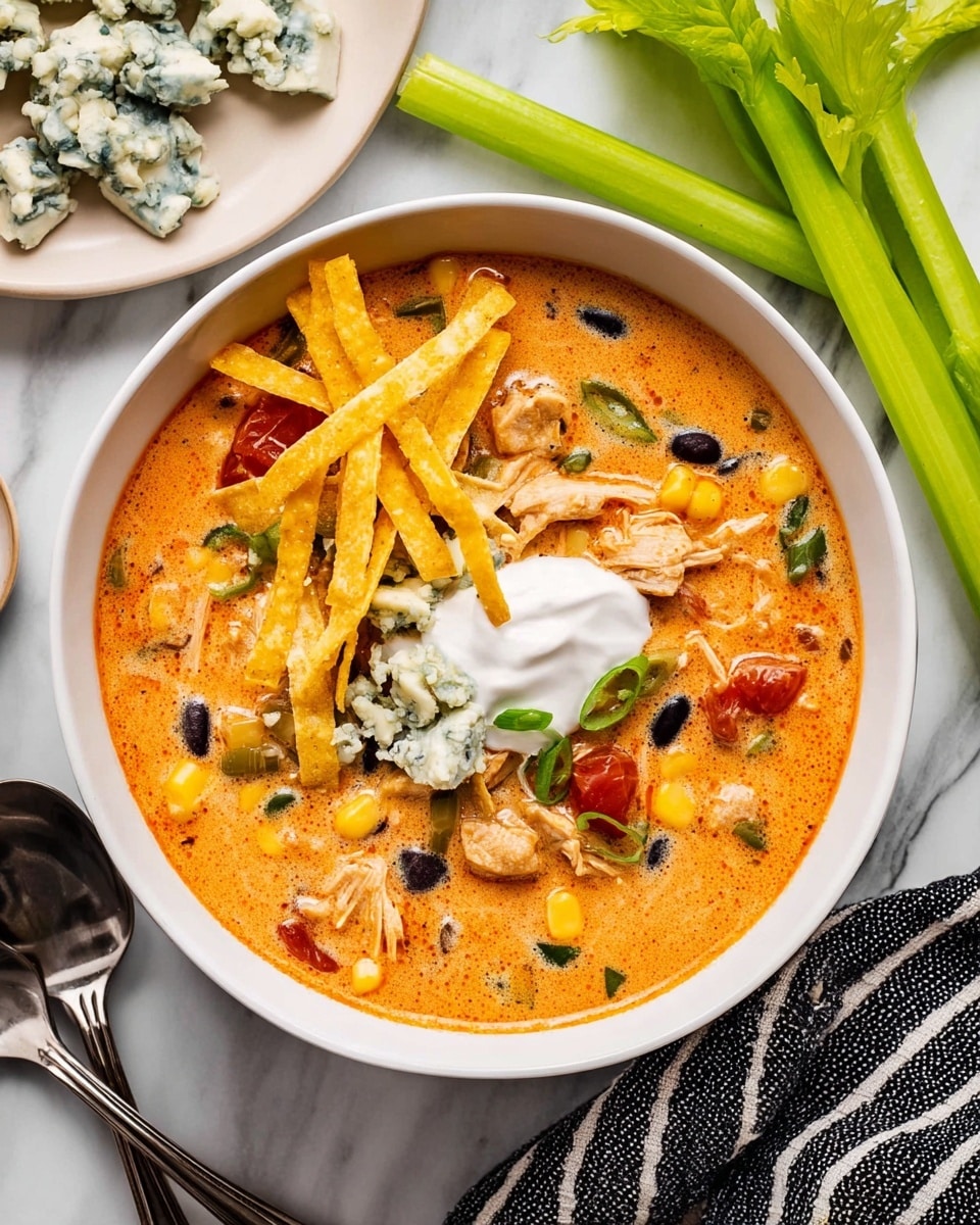 A white bowl filled with creamy orange soup that has chunks of white meat, yellow corn, black beans, and small pieces of red tomatoes. On top, there is a small pile of thin crispy yellow tortilla strips placed on the left side, a dollop of smooth white sour cream in the center, and some crumbled light blue cheese just below the sour cream. Two bright green celery stalks stick out from the back of the bowl. The bowl rests on a white marbled surface, with a few celery stalks and a plate of blue cheese crumbles on the left, and two silver spoons on the right next to a striped black and white cloth. photo taken with an iphone --ar 4:5 --v 7