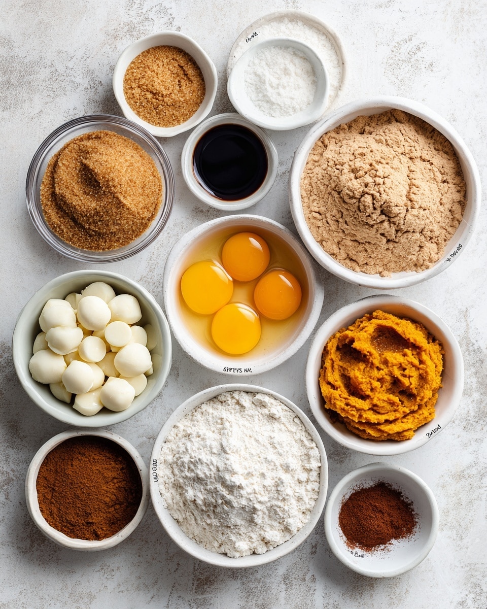 The image shows a flat lay of cooking ingredients arranged neatly on a white marbled surface. Starting from the left, there is a small glass bowl filled with light brown cinnamon sugar, next to it is a small white bowl with dark vanilla extract. Below are large white bowls containing clustered white chocolate chips, and next to it are two raw eggs with bright yellow yolks in another white bowl. As we move right, there is a large white bowl filled with light brown sugar, beside it is a white bowl with amber brown melted butter. A small white bowl holds thick, orange pumpkin puree. On the far right, a big white bowl holds flour mixed with dark brown pumpkin spice, baking powder, baking soda, and a pinch of salt. The ingredients are dispersed evenly across the surface with clear text labels above each bowl. Photo taken with an iphone --ar 4:5 --v 7
