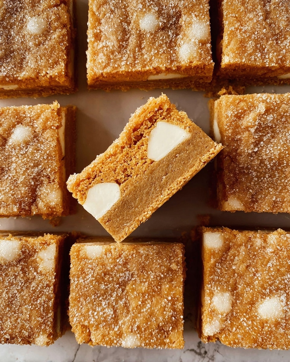 A close-up top view shows a group of nine square dessert bars laid out neatly on a white marbled surface, with one bar lifted to display three creamy white chunks deeply embedded inside the middle layer. Each bar has a thick, soft-looking golden-brown base dusted evenly with grainy sugar crystals on top. The texture looks slightly crumbly on the edges, with a consistent dense orange-brown interior where the white chunks stand out. The empty center space highlights the rich filling and sugar-coating details. photo taken with an iphone --ar 4:5 --v 7