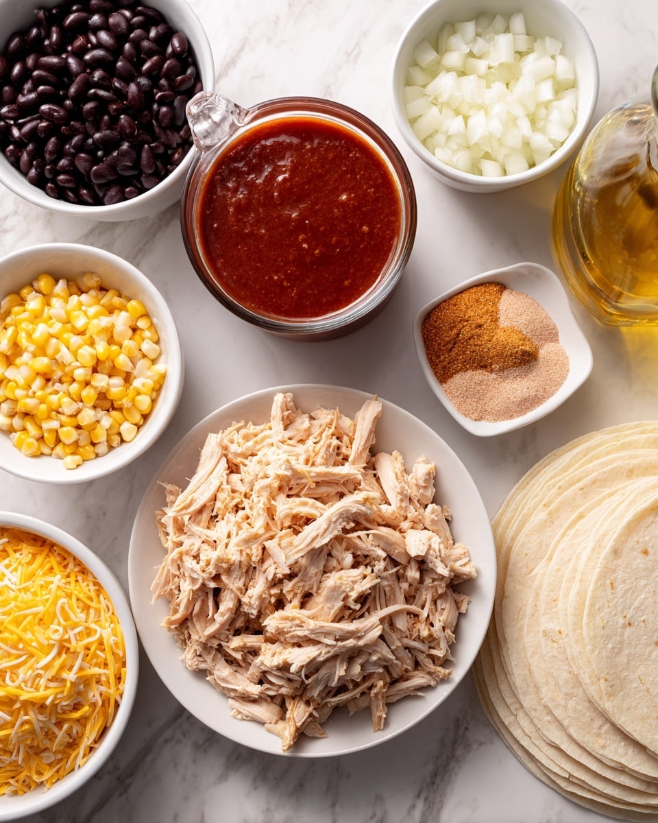 A top view of several small white bowls and a white plate on a white marbled surface showing ingredients for a meal. In the center right is a white plate filled with shredded light brown chicken. Around it are a white bowl with bright yellow shredded cheese at the bottom left, a white bowl with small yellow and white corn kernels at the middle left, a white bowl with finely chopped white onion at upper left, and a white bowl with dark black beans at the top left. At the top center is a clear glass measuring cup filled with smooth red enchilada sauce. To the right of it is a glass bottle filled with golden oil. Next to the oil is a white bowl with light orange taco seasoning powder. A small white square dish with minced pale yellow garlic sits between the onions and the enchilada sauce. At the bottom right corner are stacks of white corn tortillas. Photo taken with an iphone --ar 4:5 --v 7