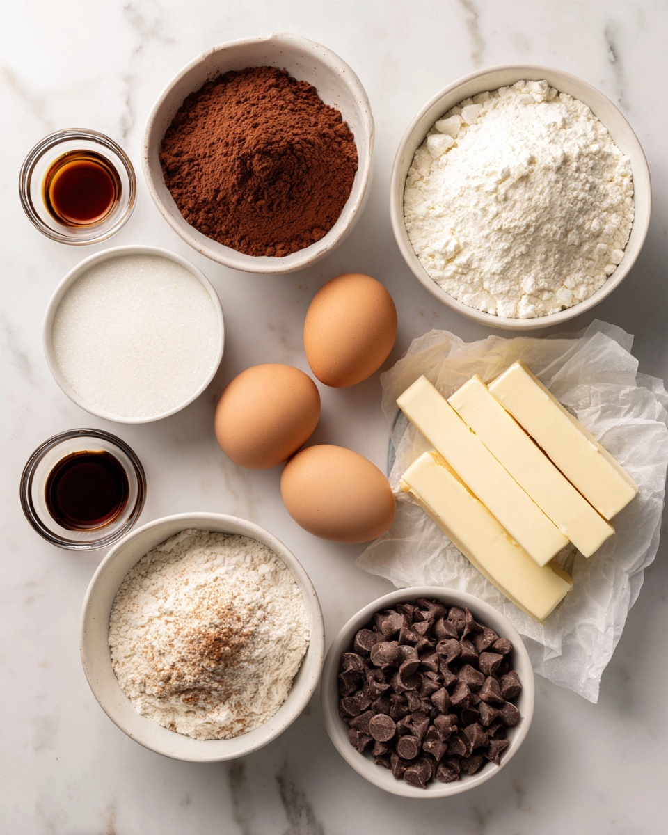 The image shows a top-down view of various ingredients laid out on a white marbled surface. There are several white bowls and a small glass bowl, including one bowl with dark brown cocoa powder placed on the left. Next to it is a small glass bowl with a dark brown vanilla extract liquid. To its right, there is a white bowl holding four brown eggs. Moving right, a small glass bowl filled with white milk powder is present. At the far right, there are light yellow butter sticks placed on partially opened paper wrapping. Below these items, a white bowl holds white flour, and next to it, a larger white bowl contains a mix of light brown sugar and white sugar. To the right of the sugar bowl, a white bowl is filled with dark brown chocolate chips. The ingredients are laid out evenly with labels above or near each bowl on the white marbled surface. photo taken with an iphone --ar 4:5 --v 7