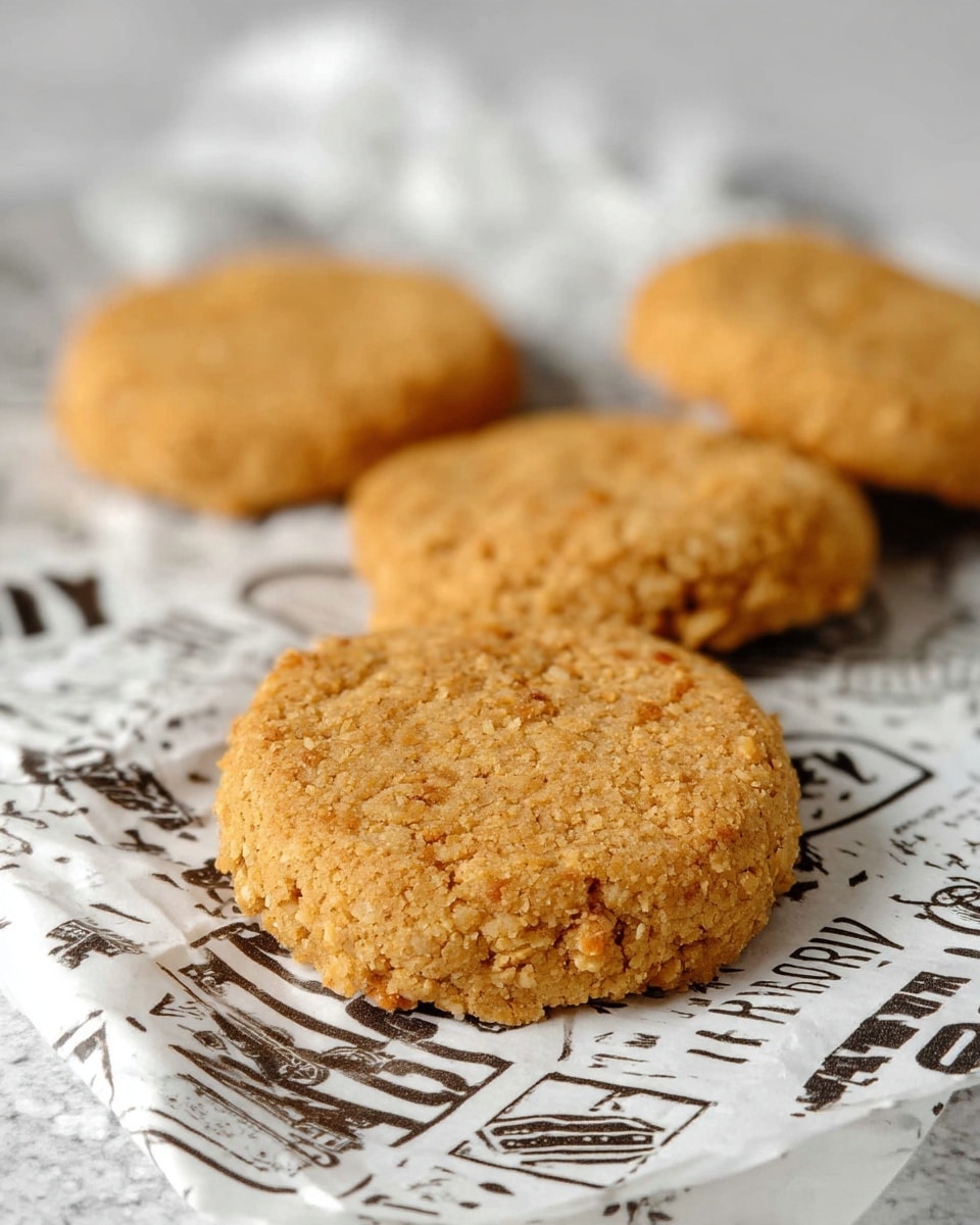 The image shows four round, golden brown cookies with a slightly rough and crumbly texture. They are placed on printed white paper with black text and illustrations, set on a white marbled surface. The cookies have an even color with small, grainy bits visible on their surface, giving them a homemade look. The cookies are arranged with one in the foreground, slightly larger in focus, and the other three spread out softly in the background. photo taken with an iphone --ar 4:5 --v 7