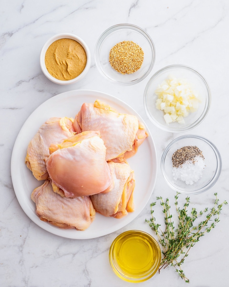 A white plate holds five raw chicken thighs with pale orange skin and light pink flesh, overlapping each other. To the left, there are two small white bowls, the top one filled with smooth light brown mustard and the bottom one with grainy yellow and brown mustard. Below these, three small clear glass bowls are arranged in a line containing minced white garlic, ground black pepper, and coarse white salt. Below them is a small clear bowl filled with golden-yellow olive oil. Fresh green thyme sprigs are placed near the bottom right. All items rest on a white marbled surface. photo taken with an iphone --ar 4:5 --v 7