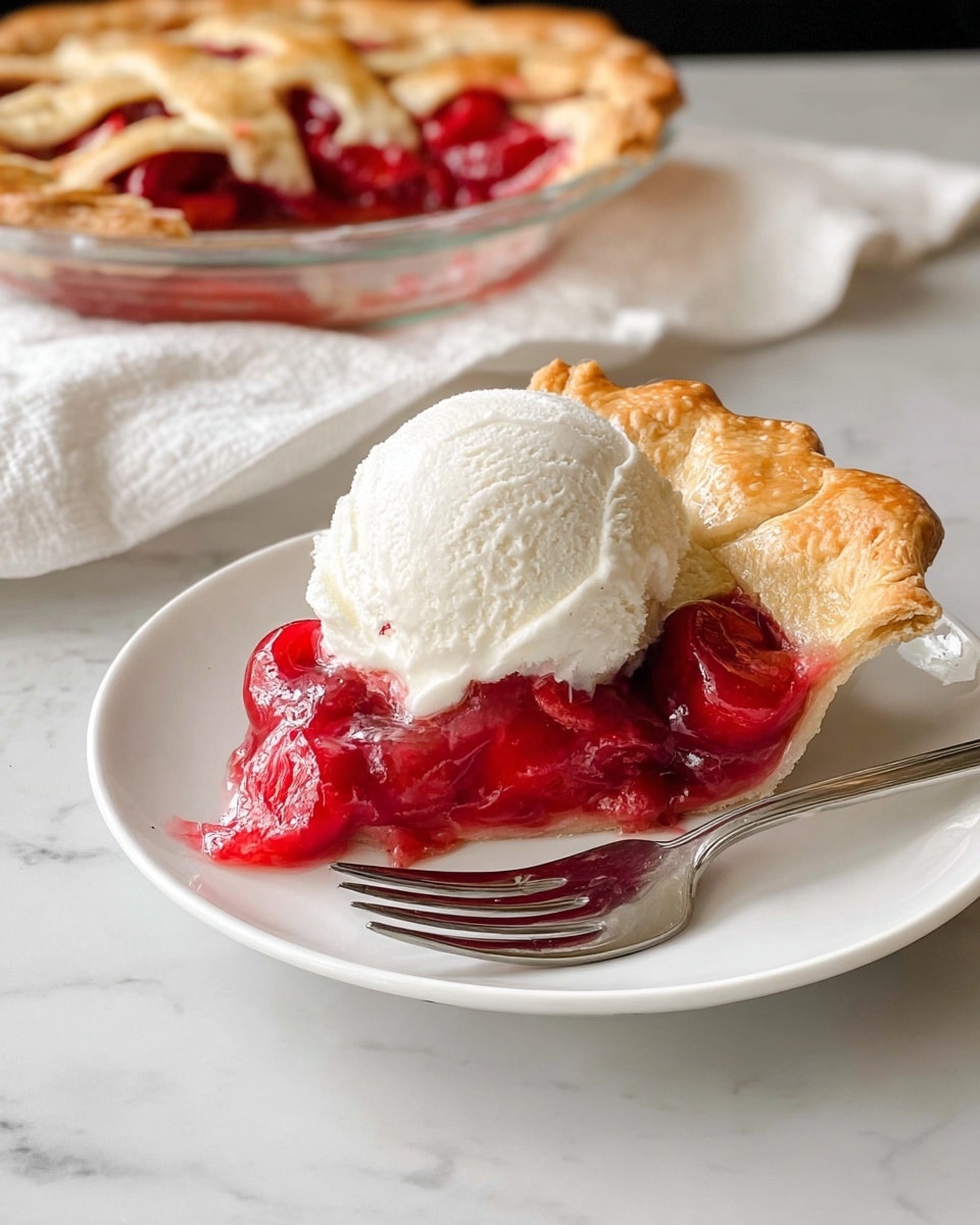 A slice of cherry pie sits on a white plate with a shiny silver fork beside it. The pie has a thick, golden brown crust with a slightly puffy texture around the edges. The bright red cherry filling is glossy and fills the inside just beneath the crust. On top of the cherry filling is a scoop of white vanilla ice cream that is slightly melting, showing soft texture and small ice crystals. In the background, the rest of the pie is in a clear glass pie dish on a white marbled surface, with a white cloth napkin also visible. photo taken with an iphone --ar 4:5 --v 7