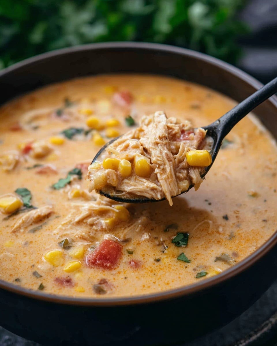 A black bowl filled with creamy soup showing thick, light orange broth, visible chunks of shredded meat, bright yellow corn kernels, red tomato pieces, and small green herb bits scattered inside. A black spoon is holding a mix of the creamy broth, a piece of the shredded meat, corn, and tomato, hovering above the bowl. The scene has a white marbled surface below the bowl and blurred green leafy background. Photo taken with an iphone --ar 4:5 --v 7