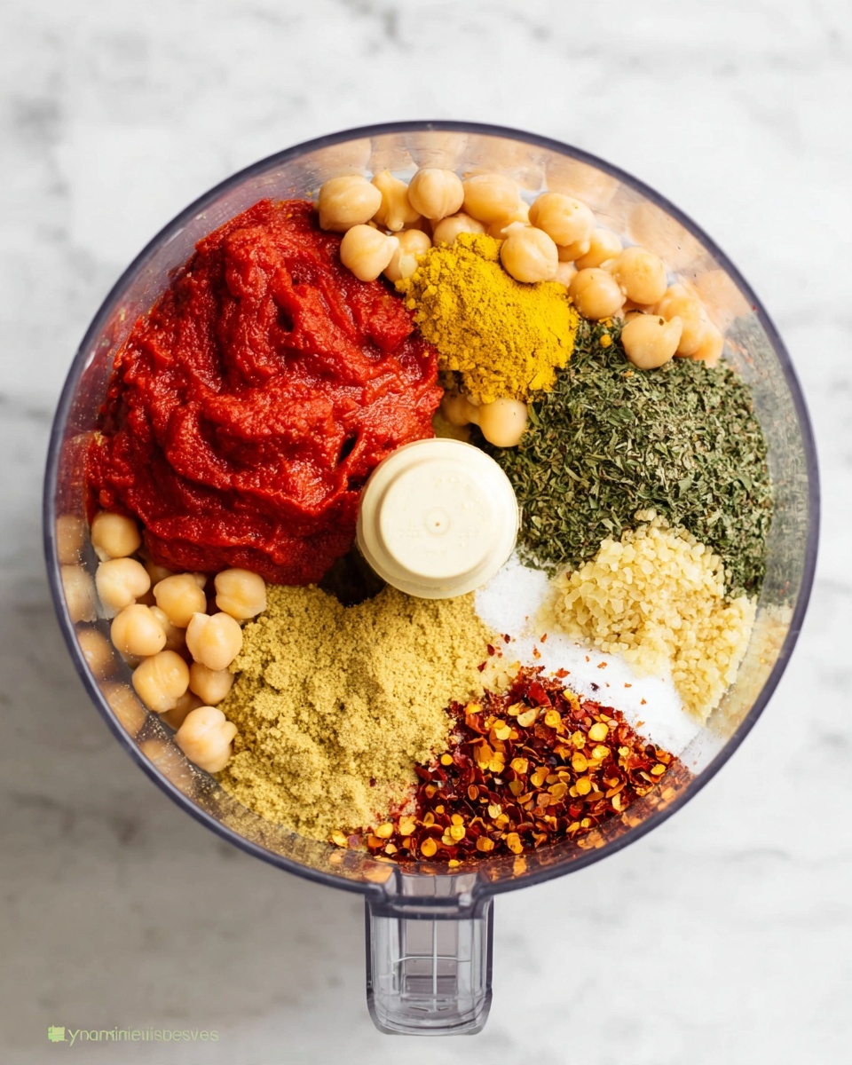 Inside a clear food processor bowl, there are several distinct layers arranged in sections. At the top right, there are round, light beige chickpeas. Below them is a small pile of bright yellow flakes. To the right of these flakes, there is a mound of white salt. Above the salt, there are two types of green dried herbs, one darker and finely chopped, the other lighter and coarser. On the left side, a large amount of red tomato paste sits, with a slightly thick and smooth texture. Above the tomato paste is a small pile of finely minced pale yellow garlic. Near the bottom of the bowl, surrounded by the yellow flakes, is a pile of red chili flakes with small yellow seeds. The bowl is placed on a white marbled surface. photo taken with an iphone --ar 4:5 --v 7