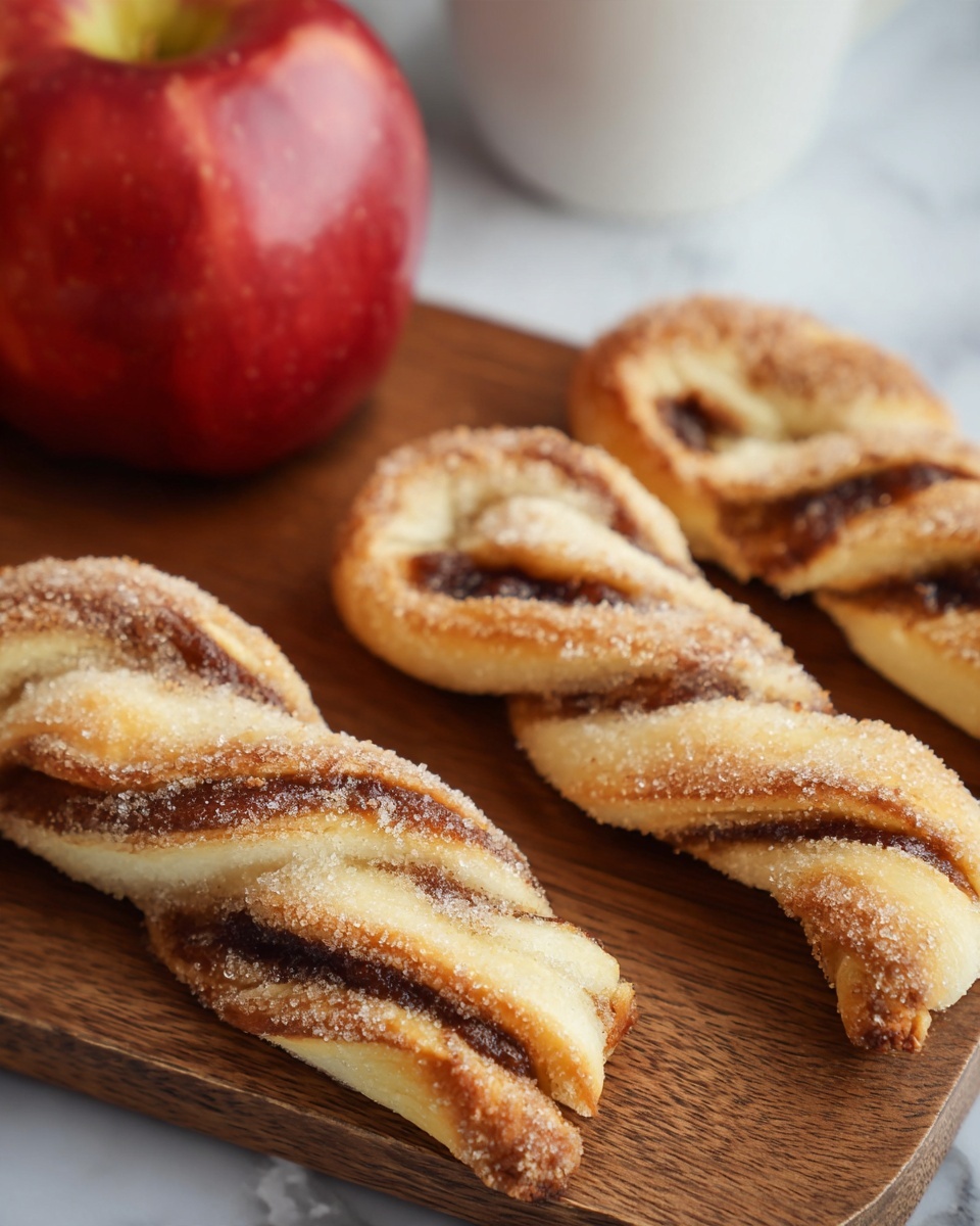 Three twisted pastries lie close to each other on a wooden board. Each pastry has two main layers: a golden-brown outer dough with a light sugar coating, and a dark brown, sweet filling that is visible through the twists. Behind the pastries, there is a shiny red apple on the left and part of a white cup on a white marbled surface. Photo taken with an iphone --ar 4:5 --v 7