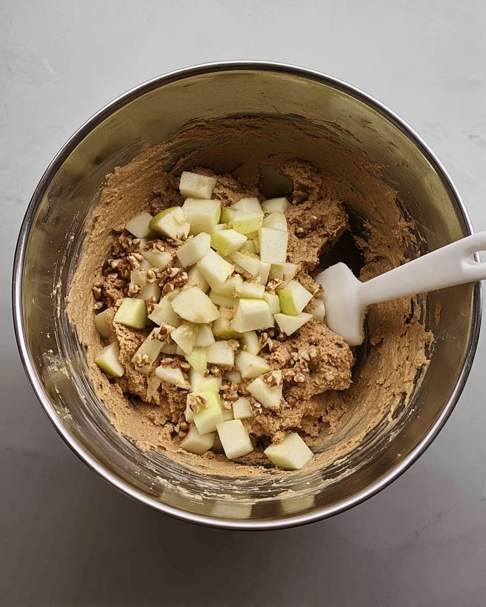 A metal mixing bowl sits on a white marbled surface, filled with a thick, light brown dough that covers most of the bottom. On top, there are two main layers: one of small light yellow apple cubes scattered unevenly, and another of small brown nut pieces, mostly in the center. A white spatula is partially buried in the dough on the right side of the bowl, its handle leaning outward. The inside walls of the bowl have patches of dough stuck to them. Photo taken with an iphone --ar 4:5 --v 7
