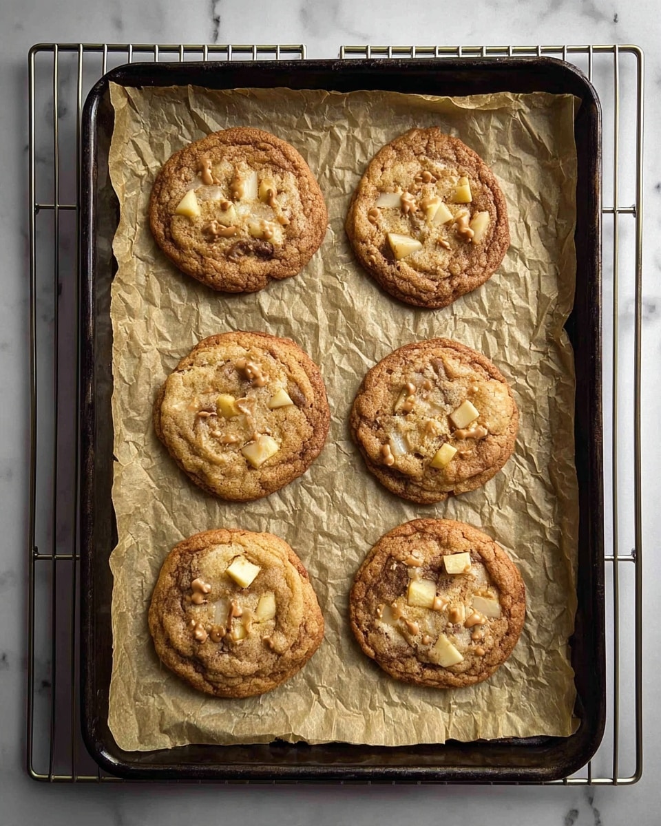 Six round cookies with a golden brown color and slightly crisp edges are placed on crinkled light brown parchment paper. Each cookie is topped with small chunks of pale yellow, likely apple pieces, and small caramel or nut bits scattered on top. The cookies are on a flat dark metal baking tray, which is set on a metal cooling rack. The background is a white marbled surface. photo taken with an iphone --ar 4:5 --v 7
