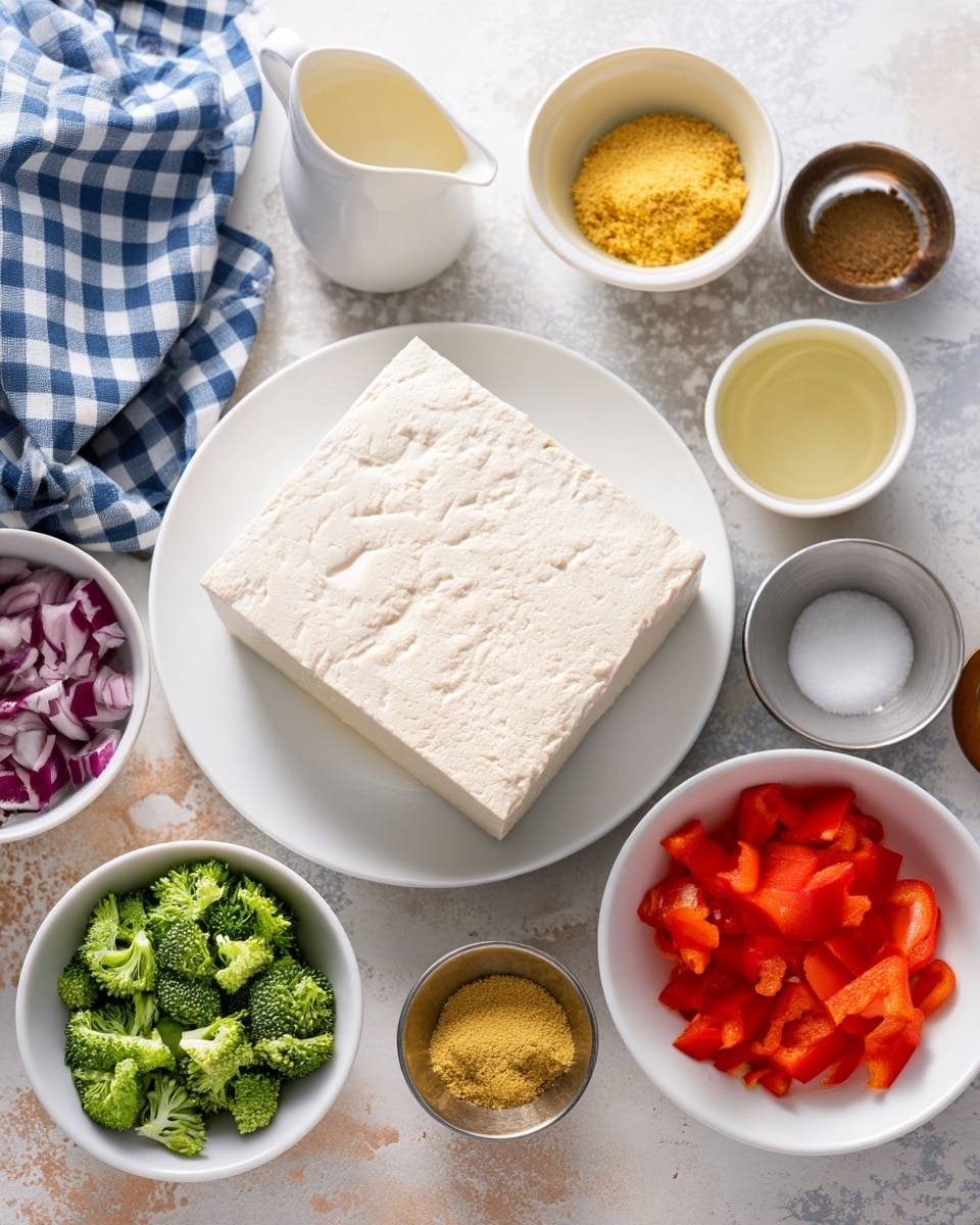 A large square block of tofu sits centered on a white round plate. Surrounding the plate on a white marbled surface are several small white bowls and metal containers holding colorful ingredients: diced red onions in a bowl at bottom left, bright green broccoli florets in a bowl at bottom center, and chopped red bell peppers in a bowl to the right. Small metal bowls hold yellow nutritional yeast, golden turmeric, reddish paprika, light brown cumin, black pepper, and white salt. A small white cup holds a light yellow oil while another small white pitcher contains white plant-based milk. A blue and white checkered cloth is folded near the top left corner. Each ingredient is neatly arranged, creating a clean and organized display photo taken with an iphone --ar 4:5 --v 7