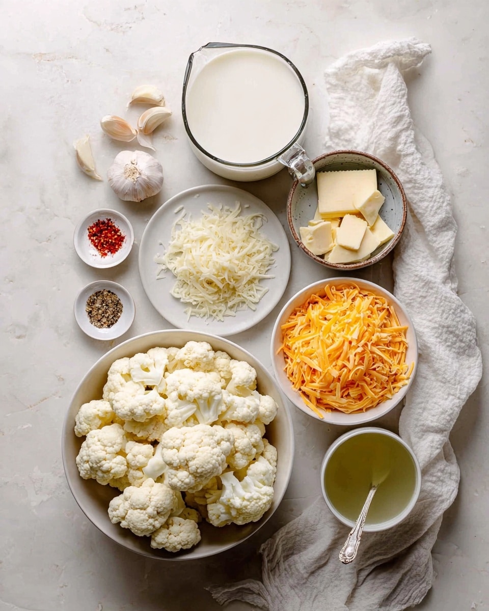 A top view of a group of ingredients on a white marbled surface, including a large white bowl full of white cauliflower florets on the left, a small white plate filled with grated white cheese above it, two garlic cloves to the left of the cheese, a small white round dish with salt, pepper, and red spice next to the cauliflower, a metal measuring cup filled with white milk to the top left, a small white bowl with white cream in the middle top, a large white bowl filled with shredded orange cheese towards the top right, a glass container with white liquid next to the cheese bowl, and a white cup filled with greenish liquid with a spoon on the bottom right with a white cloth nearby, photo taken with an iphone --ar 4:5 --v 7