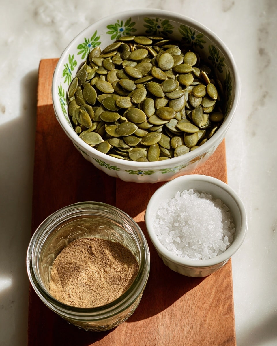 A close-up image shows three containers lined up vertically on a white marbled surface. The top container is a white bowl with a floral green pattern around the rim, filled with many green pumpkin seeds that have a smooth, slightly shiny texture. Below it, there is a white bowl filled with a coarse white substance that looks like salt. At the bottom, there is a glass jar open at the top, showing a light brown ground powder spice inside it. Soft natural light creates gentle shadows and highlights on the containers and their contents. photo taken with an iphone --ar 4:5 --v 7