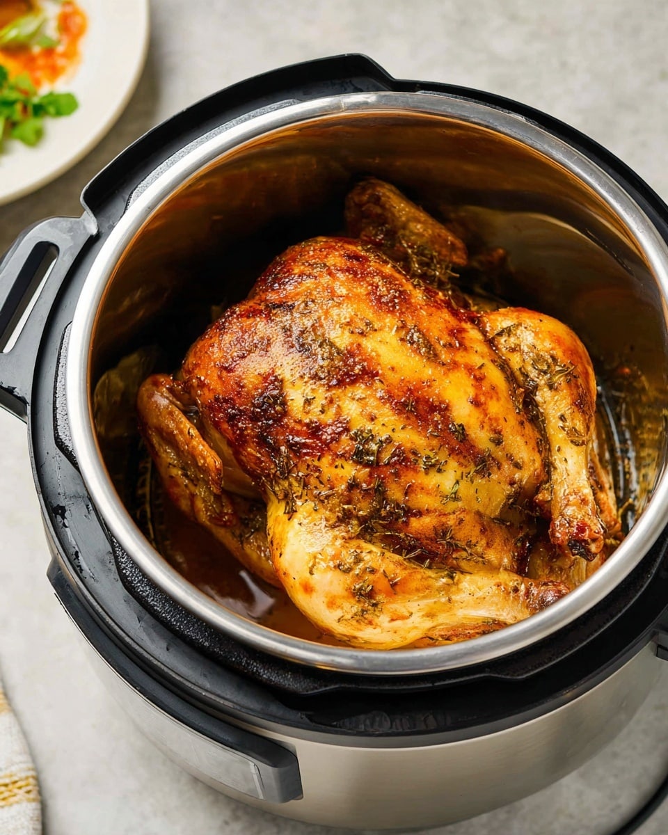 A whole cooked chicken sits inside a stainless steel inner pot of an electric pressure cooker; the chicken has a golden brown, crispy skin seasoned with herbs and spices all over. The pot is round with a shiny metal edge and black plastic outer parts. The background surface is white marble. In the top left corner, a white plate with some green leaves and light orange sauce is partly visible. photo taken with an iphone --ar 4:5 --v 7