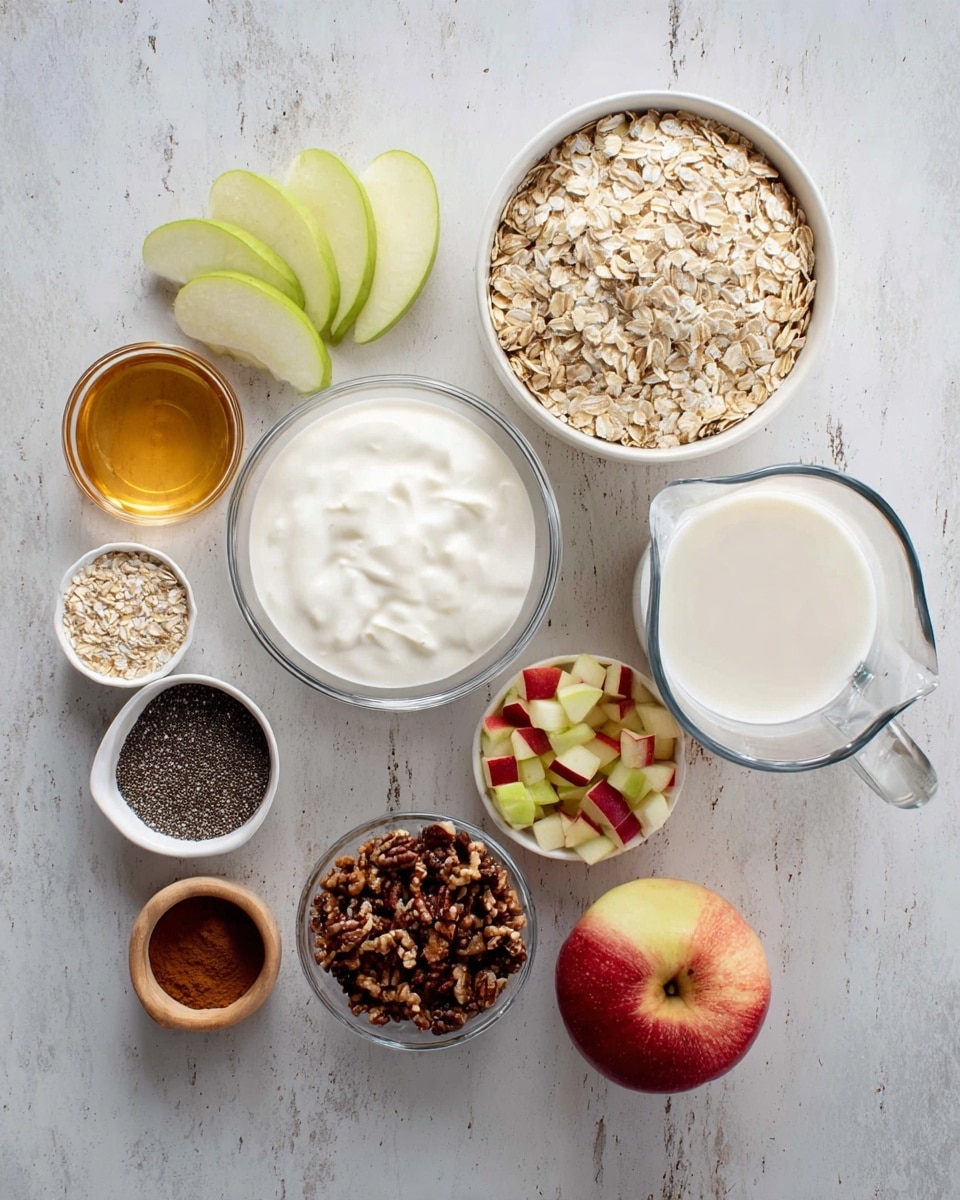 The image shows ingredients laid out on a white marbled surface. In the center, there is a white bowl filled with light brown rolled oats. To the right, a clear glass pitcher holds white milk, and below it, a clear bowl contains small diced pieces of red and green apple. In the middle left, a clear glass bowl is filled with thick white yogurt, and above it, a small white bowl holds tiny black chia seeds. A small glass container filled with golden honey is placed on the far left side. Below the chia seeds, there is a small white bowl of chopped dark brown nuts. Near the bottom, there is a halved red apple with a visible core and seeds. Next to it, a small wooden bowl is filled with brown cinnamon powder. On the top left, three curved green apple slices are arranged neatly. Photo taken with an iphone --ar 4:5 --v 7