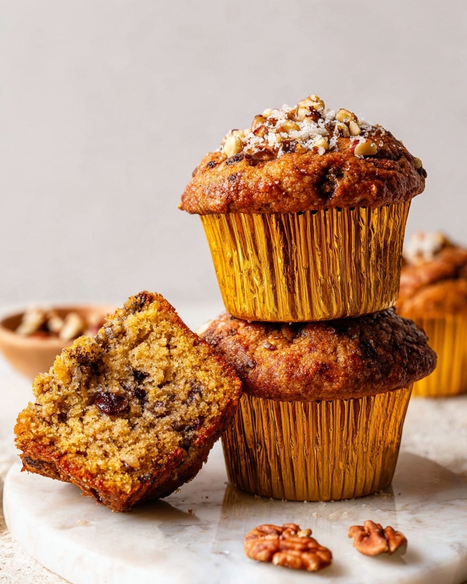 Seven golden brown muffins are shown from above, arranged closely on a silver wire cooling rack. Each muffin has a rough textured top sprinkled with chopped pecans and coarse salt crystals, giving a crunchy look. The muffins sit in shiny gold foil liners. Around the rack, there are scattered pecans, a white bowl with cinnamon sticks, and a soft beige cloth, all placed on a white marbled surface. The natural light highlights the warm tones and textures, making the muffins look fresh and inviting. photo taken with an iphone --ar 4:5 --v 7