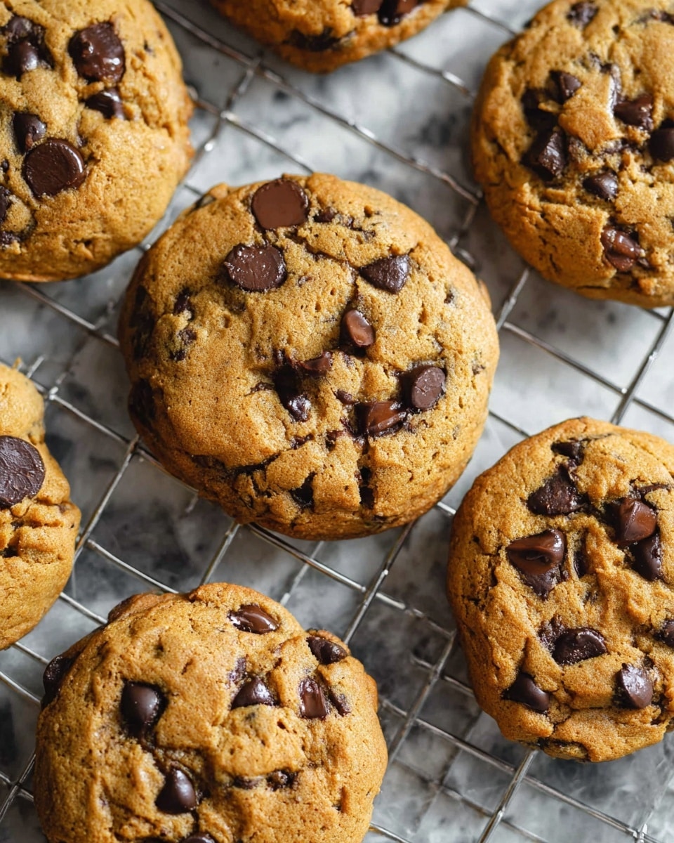 Several chocolate chip cookies with a soft, slightly bumpy texture, showing dark brown chocolate chips scattered on top. The cookies are thick and round with a golden brown color. They are placed on a silver wire cooling rack. The background is white marbled texture. photo taken with an iphone --ar 4:5 --v 7